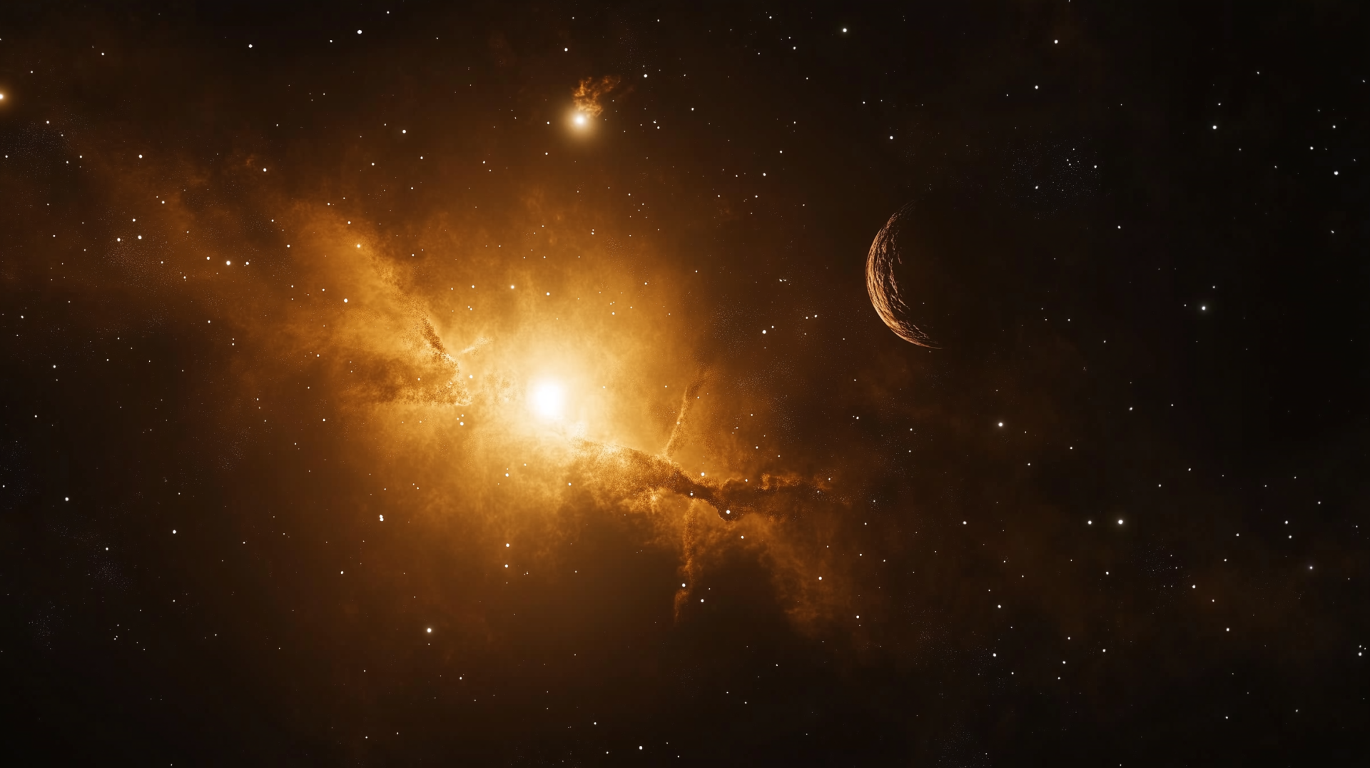 A stunning HD wallpaper featuring a vibrant galaxy with cosmic dust and a crescent moon, set against a backdrop of twinkling stars and glowing nebulae.