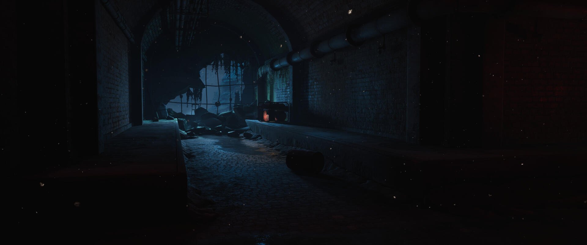 HD wallpaper from Poppy Playtime: Chapter 4, depicting a dark, eerie environment with shadows and distant light, creating a suspenseful atmosphere.