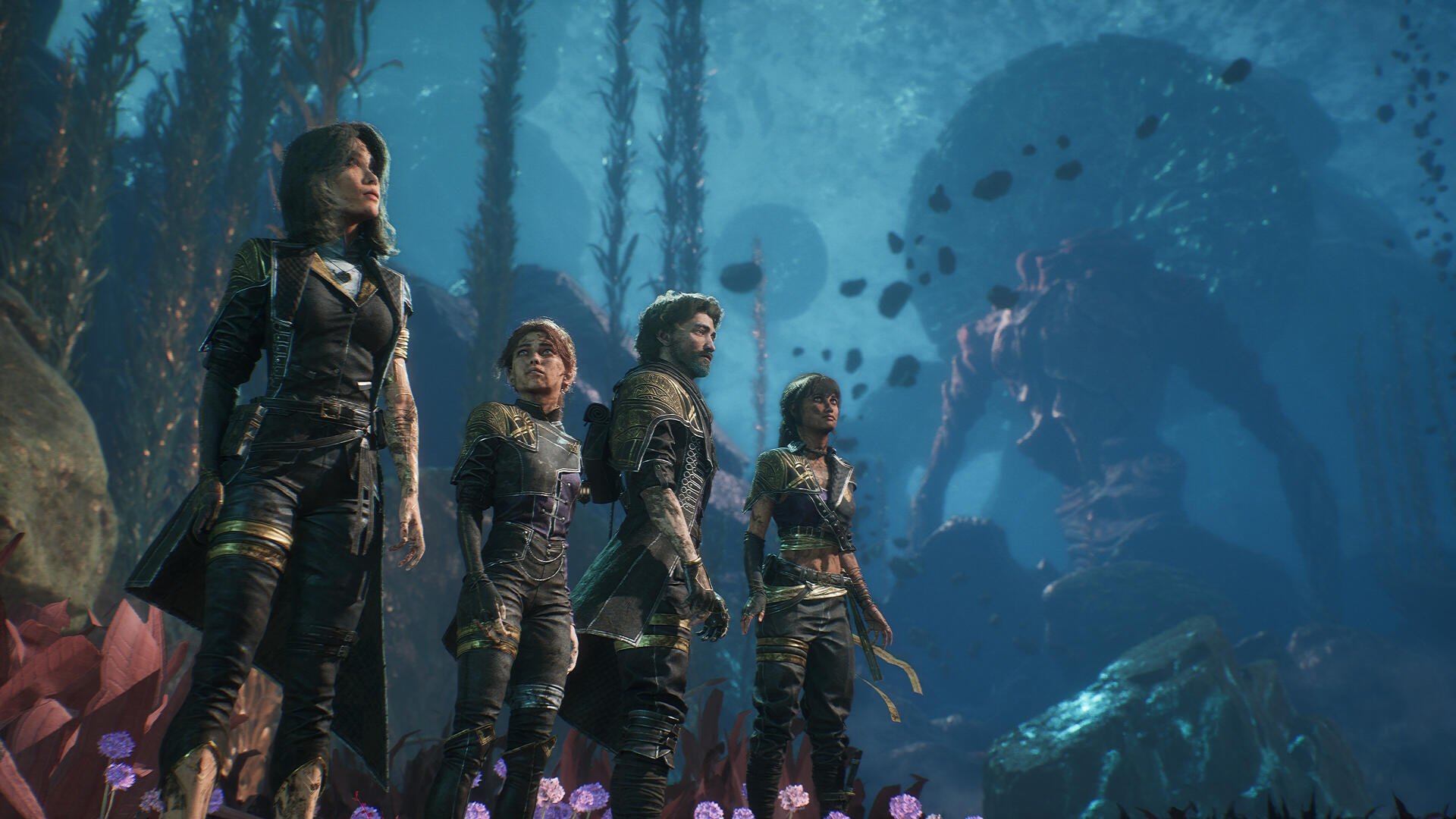 A visually stunning 4K Ultra HD wallpaper from the video game Clair Obscur: Expedition 33, featuring four characters exploring an underwater world filled with vibrant flora and mysterious creatures.