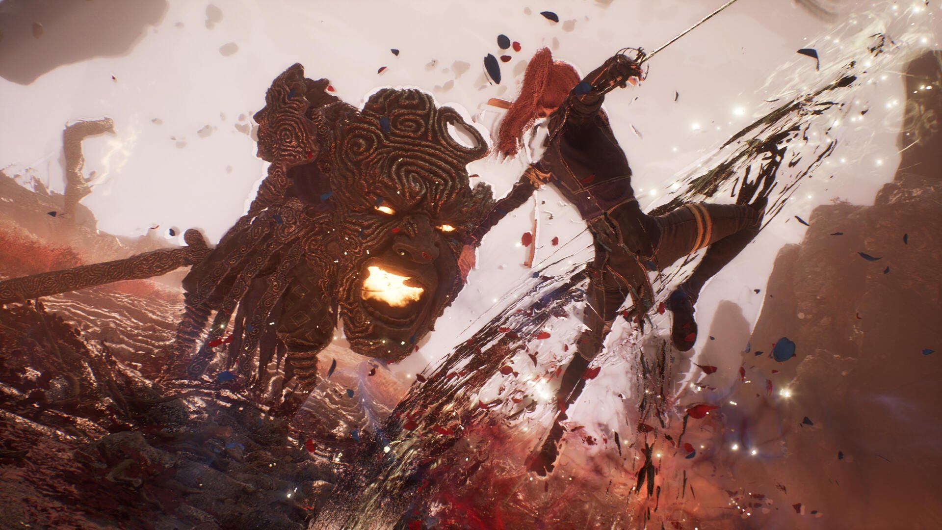 A dynamic scene from the video game Clair Obscur: Expedition 33, showcasing a fierce battle between a character and a formidable beast, set against a vibrant, chaotic backdrop.