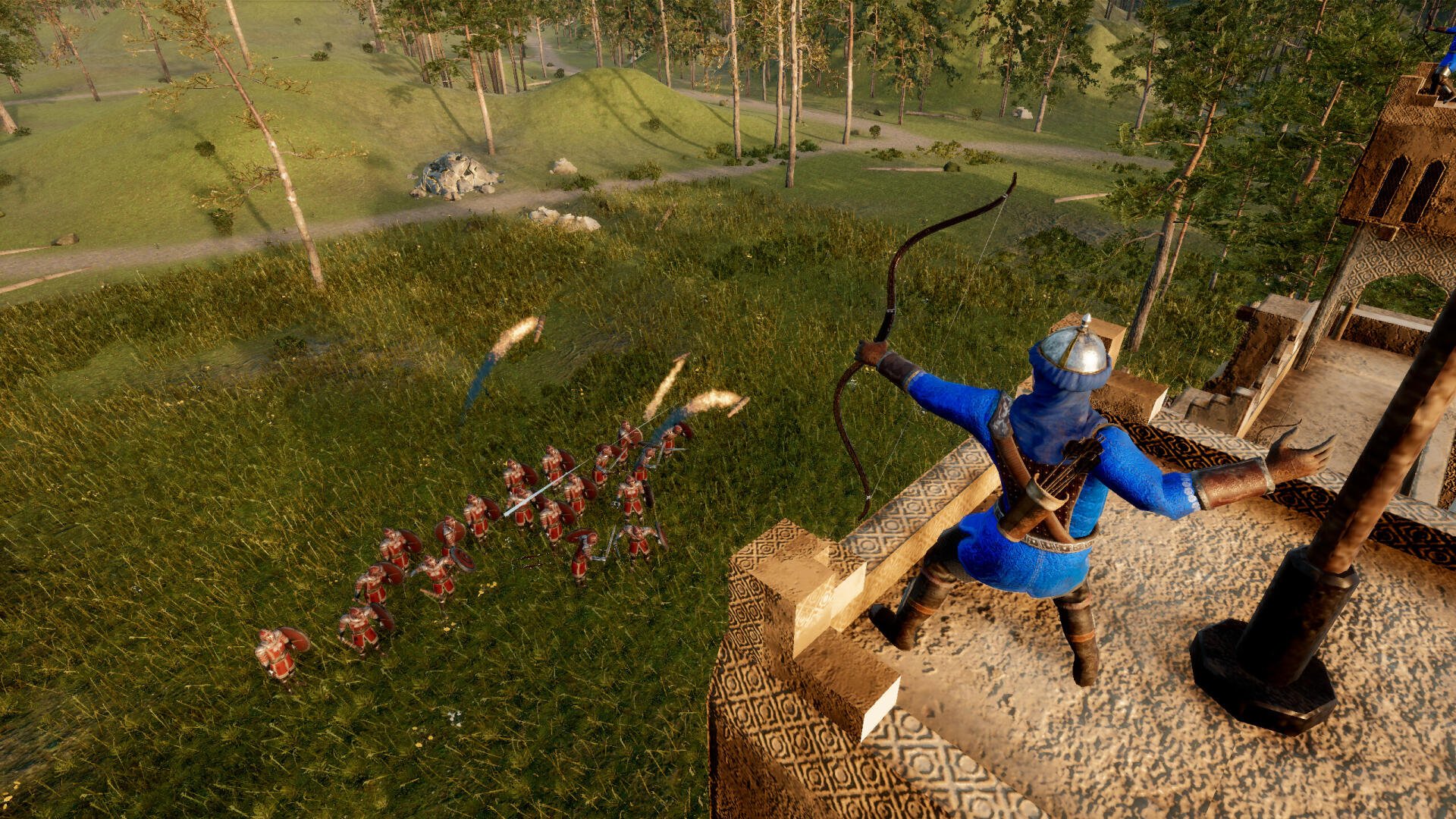 A high-definition wallpaper from the video game Eyes of War, depicting a warrior in blue aiming an arrow at a group of advancing enemies in a lush landscape.