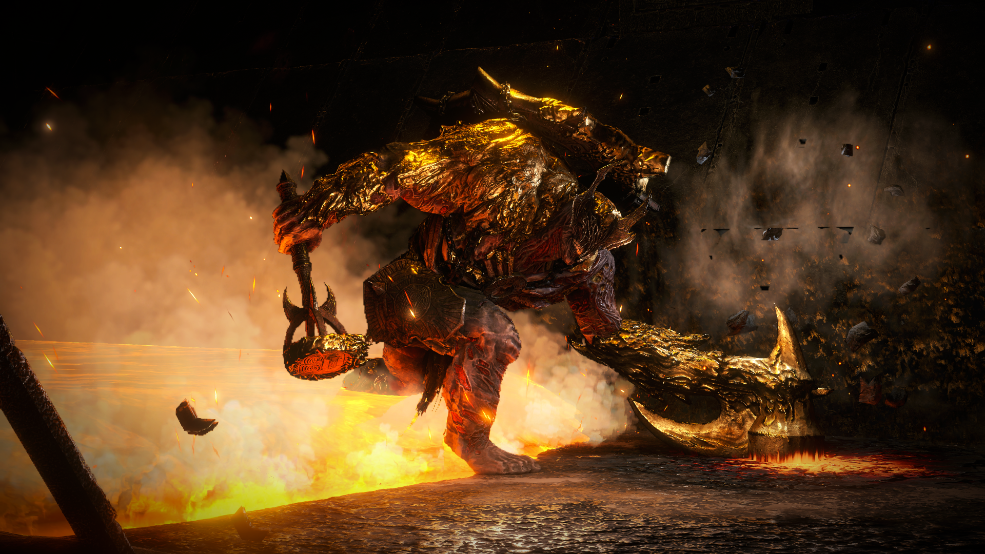 A stunning 4K Ultra HD wallpaper from Path of Exile 2, featuring a powerful, monstrous character emerging amidst flames and debris, showcasing intense action and vibrant colors.