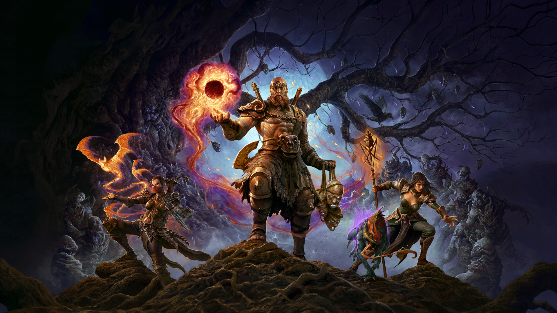 A striking HD wallpaper from Diablo IV, featuring three powerful characters amidst a dark, mystical backdrop, highlighting the game’s intense and immersive atmosphere.