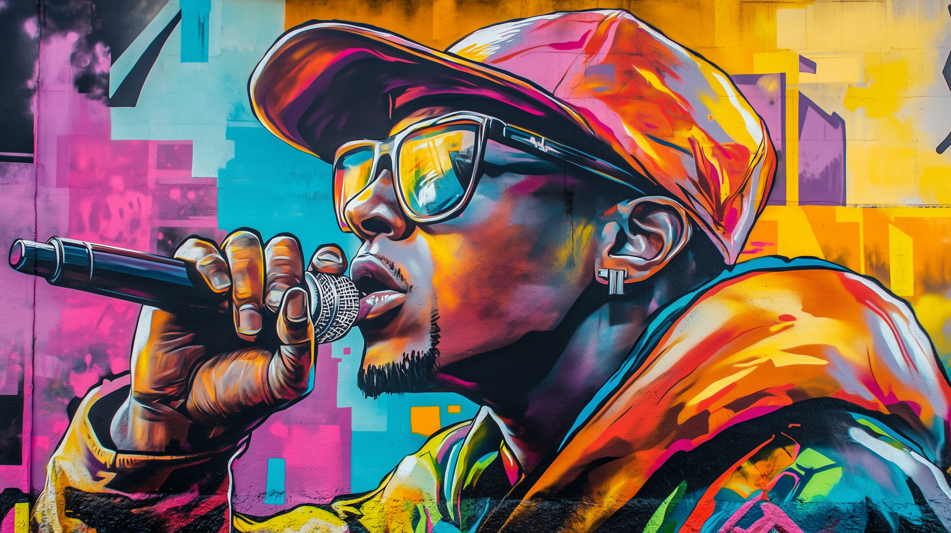 A vibrant graffiti mural of a rapper holding a microphone, showcasing bold colors and dynamic expression, serves as an engaging HD desktop wallpaper.