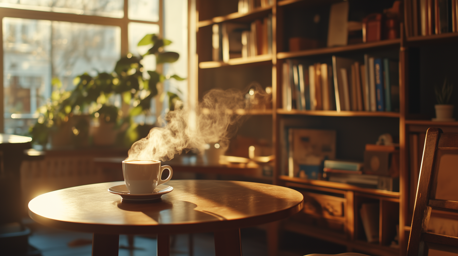 A warm, cozy scene featuring a steaming cup of coffee on a wooden table, bathed in soft sunlight, with bookshelves and greenery in the background. HD desktop wallpaper.
