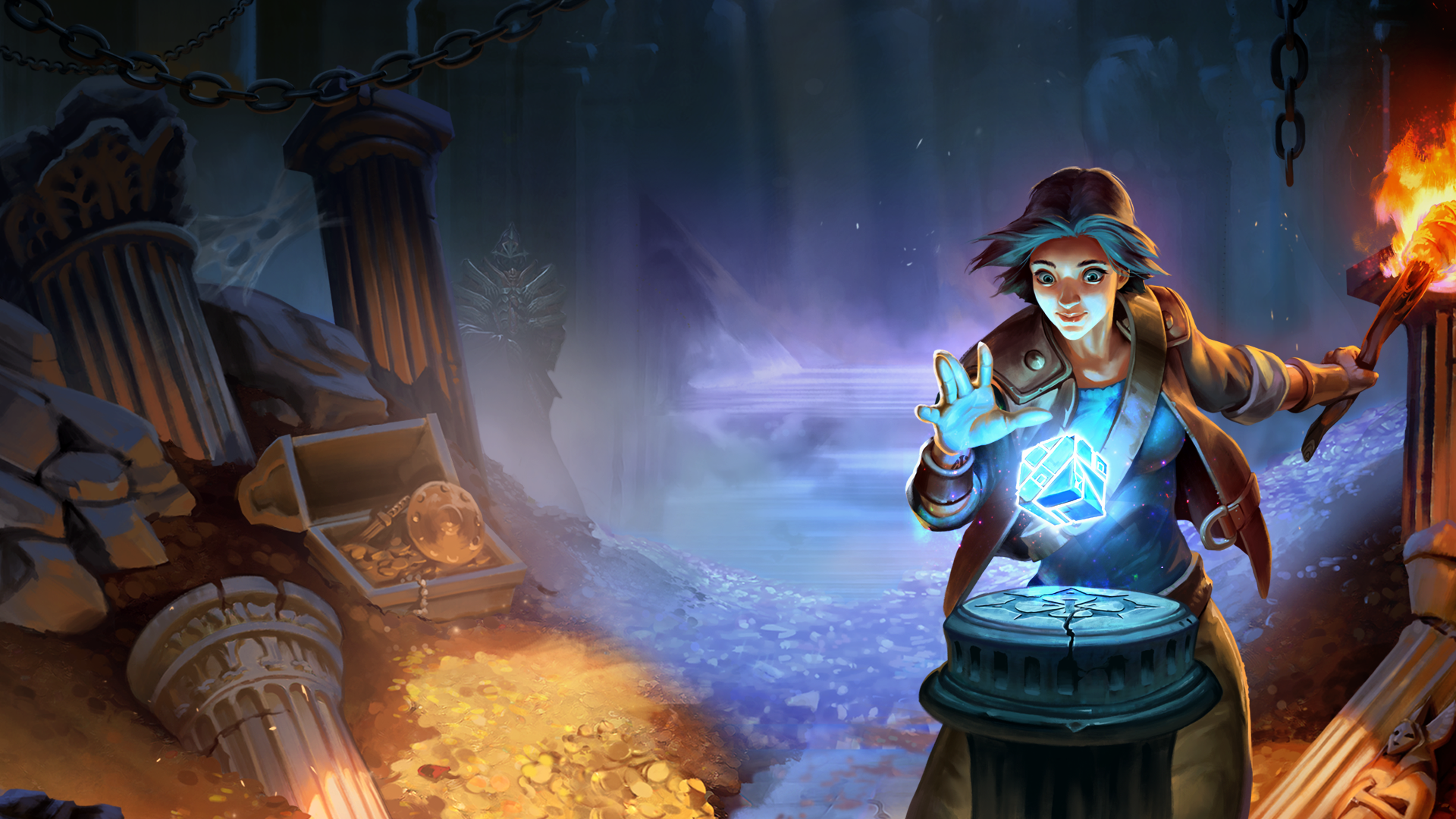 A vibrant HD desktop wallpaper featuring a character from RuneScape, surrounded by treasure and ancient ruins, casting a spell with a glowing blue gem.