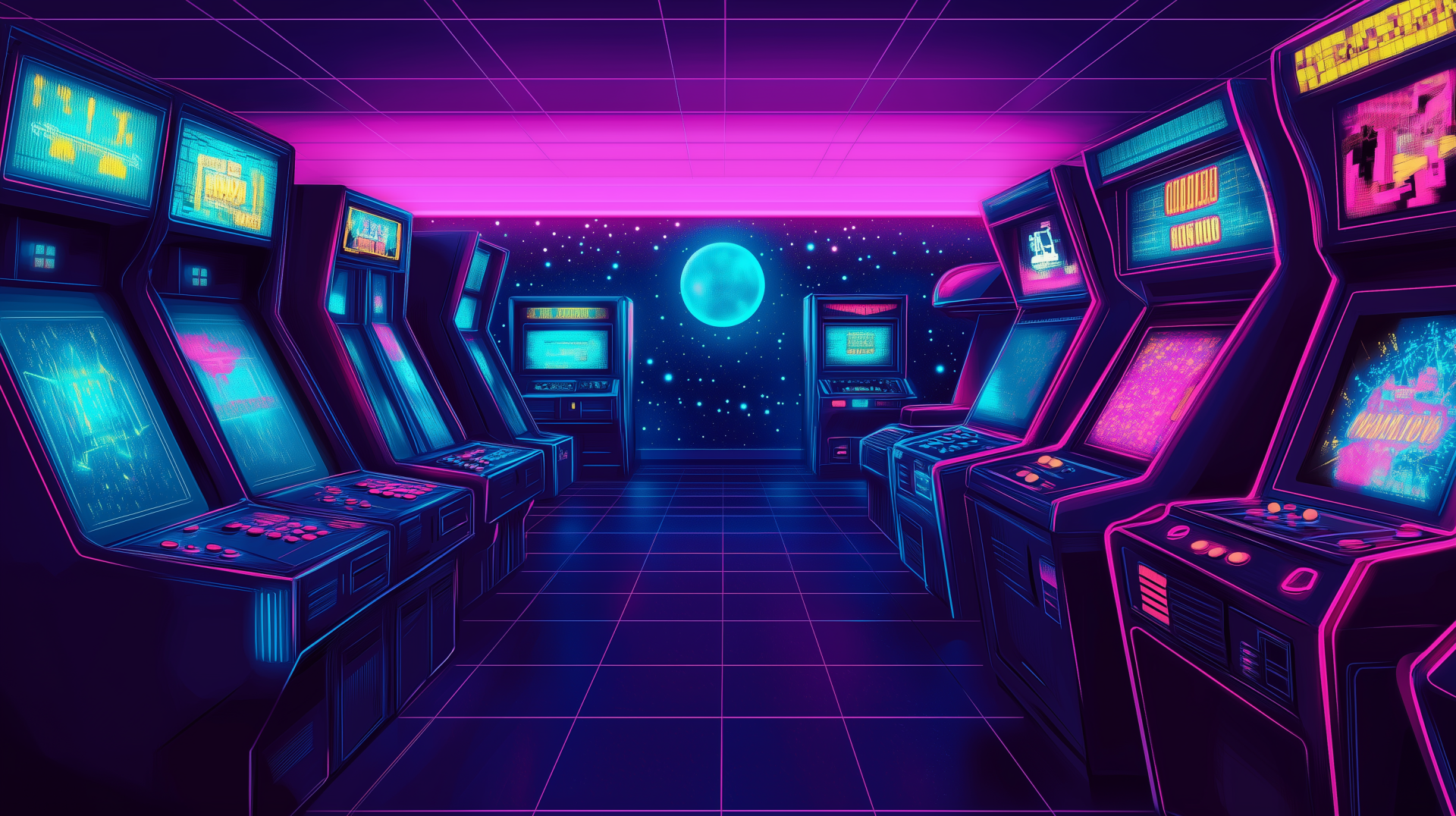 A vibrant retrowave scene featuring an arcade filled with neon-lit cabinets, capturing the essence of 1980s style with a cosmic backdrop. Perfect as a HD desktop wallpaper.