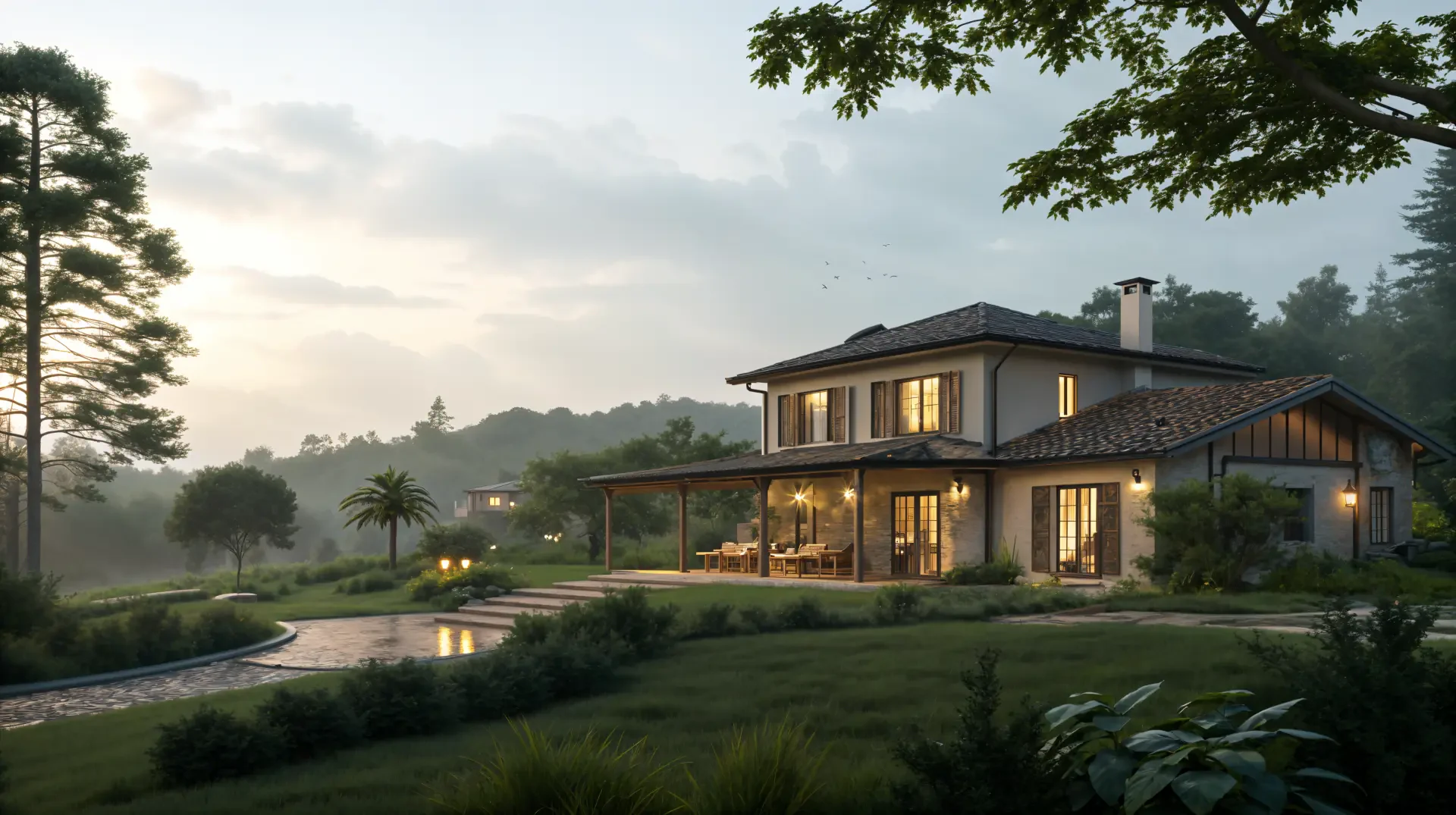 A serene vacation home surrounded by lush nature and landscape, showcasing elegant architecture in a 4K Ultra HD PC desktop wallpaper and background.