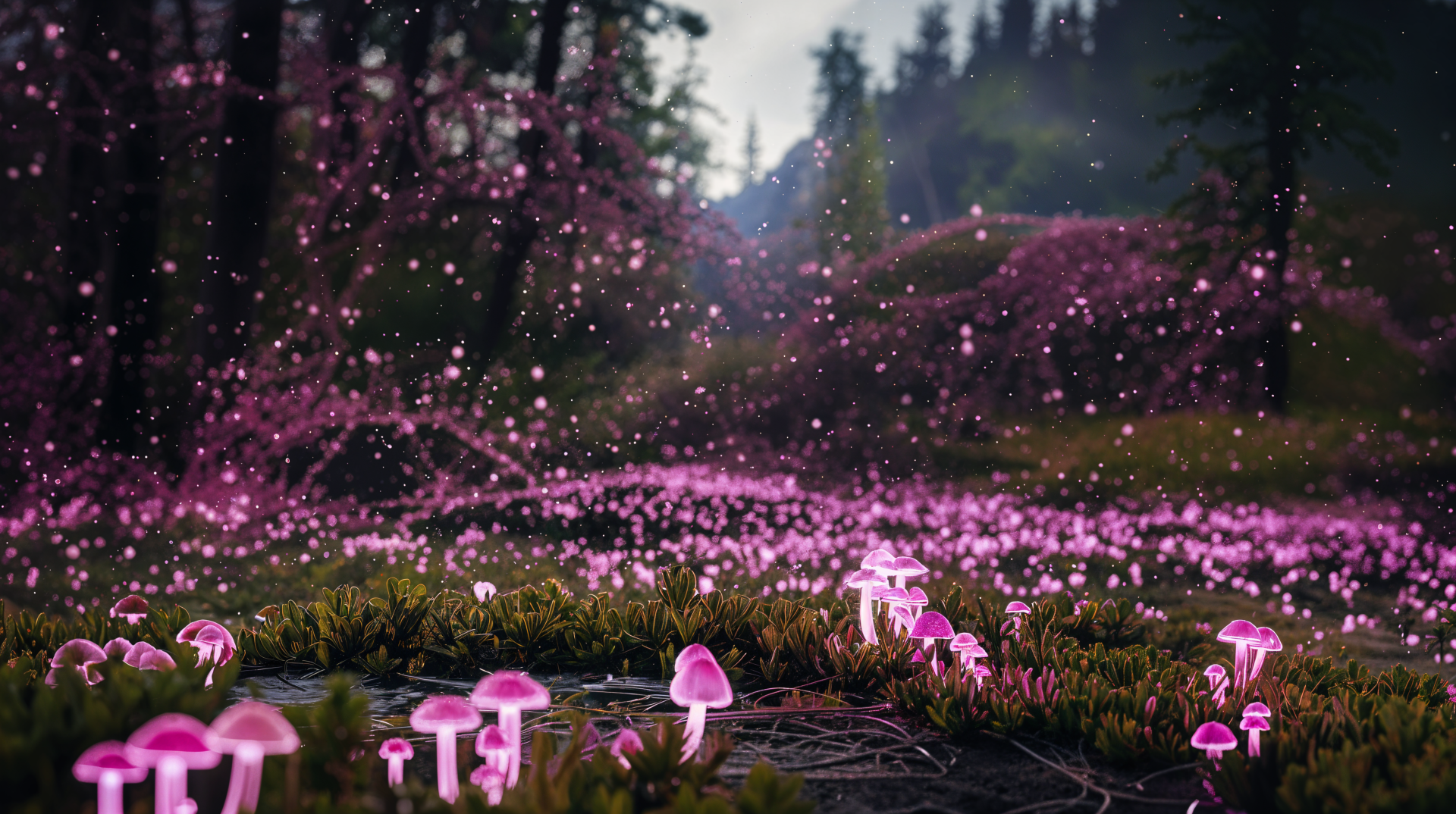 A captivating bioluminescent forest scene, featuring glowing pink mushrooms amidst lush greenery, set against a serene, enchanting backdrop. 4K Ultra HD wallpaper for a stunning visual experience.