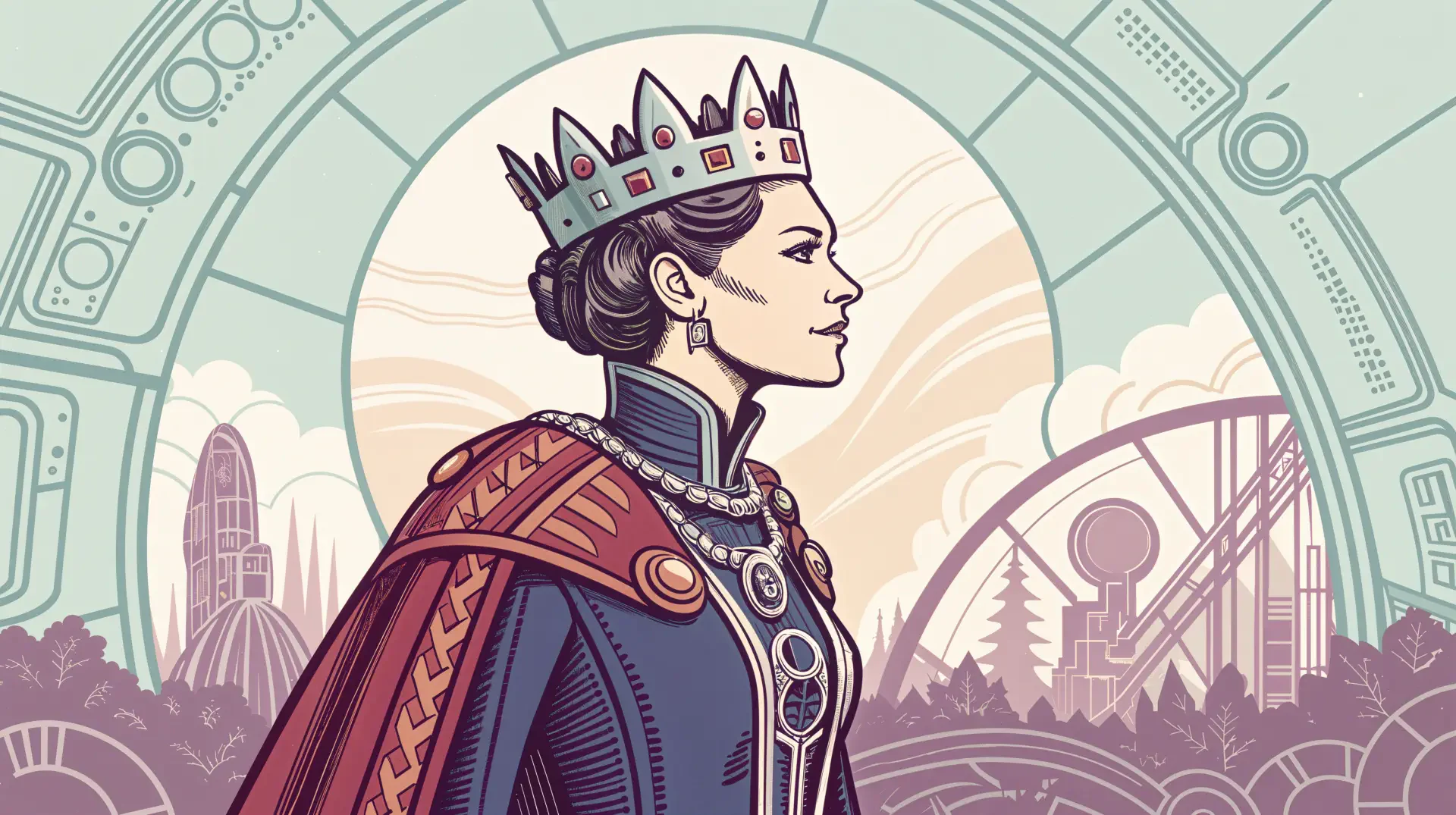 A sci-fi queen stands majestically in profile, adorned with a crown and regal attire, set against a futuristic background in this stunning 4K Ultra HD desktop wallpaper.