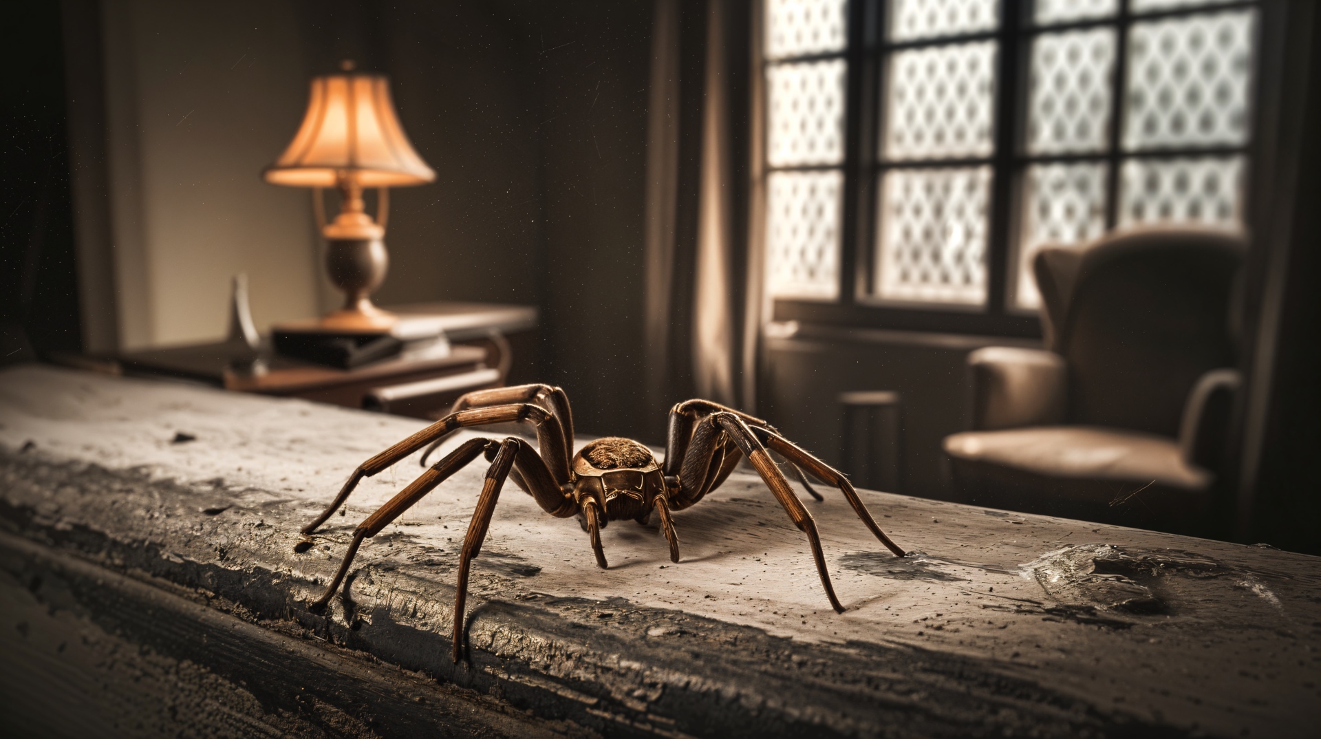 A close-up of a brown recluse spider on a wooden surface, set in a softly lit room with a lamp and empty chair, captured in 4K Ultra HD for a striking desktop wallpaper.