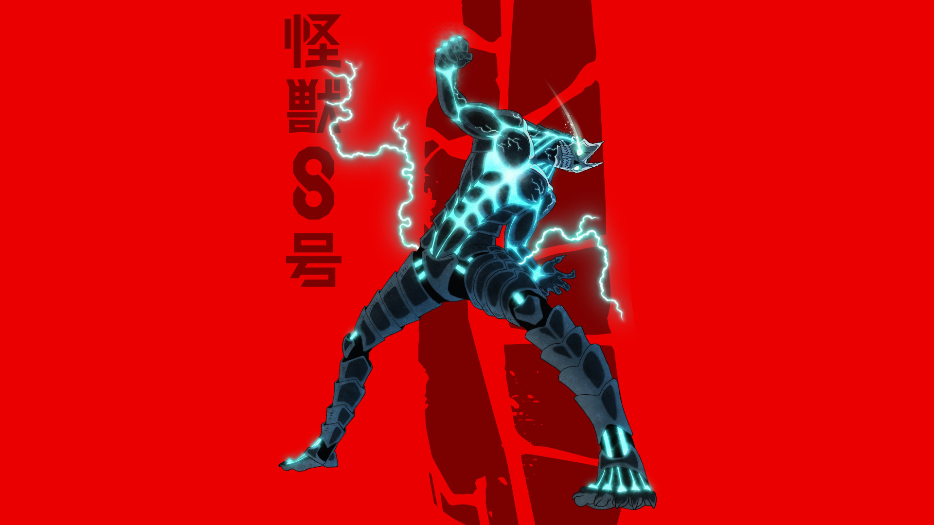 Kaiju No. 8 depicted in high contrast with electric blue highlights against a vivid red background, presented as a 4K Ultra HD PC desktop wallpaper.