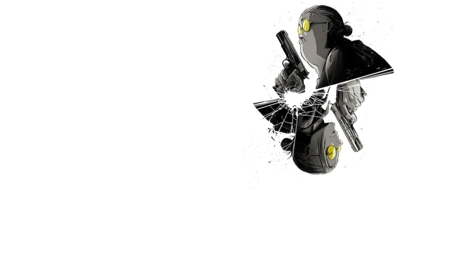 HD PC desktop wallpaper featuring a striking black-and-white illustration from Sakamoto Days, highlighting a character with yellow-tinted glasses and guns.