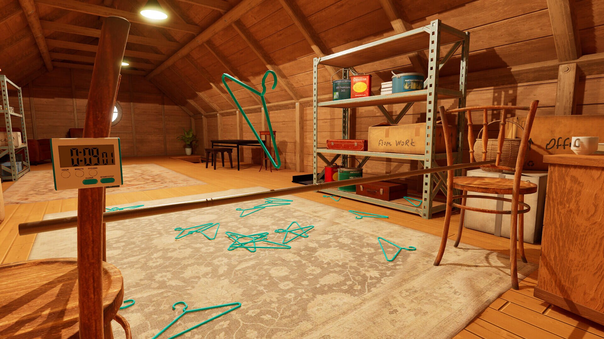 HD PC desktop wallpaper from the video game TrickShot Simulator, featuring an attic setting with scattered coat hangers and various furniture pieces.