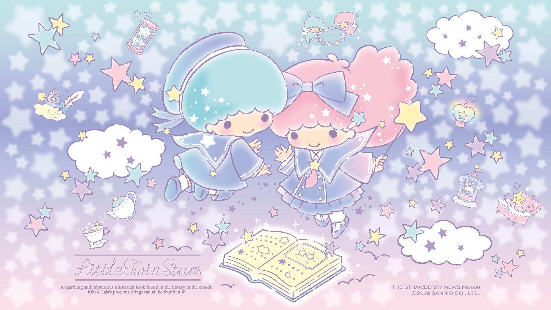 A dreamy HD wallpaper featuring Little Twin Stars from Sanrio, depicting Kiki and Lala surrounded by pastel colors, stars, and whimsical elements in a celestial setting.