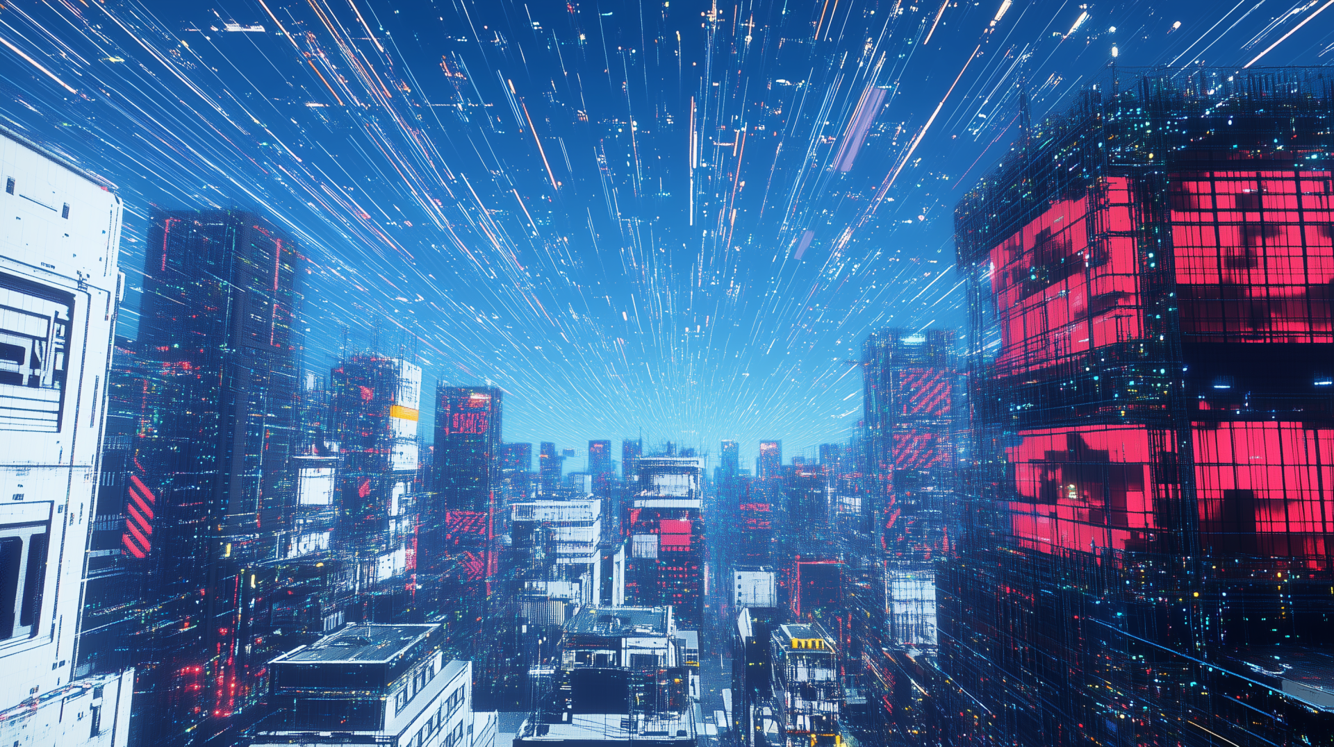 HD PC desktop wallpaper depicting a vibrant anime cyberpunk cityscape with glowing neon lights and dynamic light streaks against a futuristic night sky.