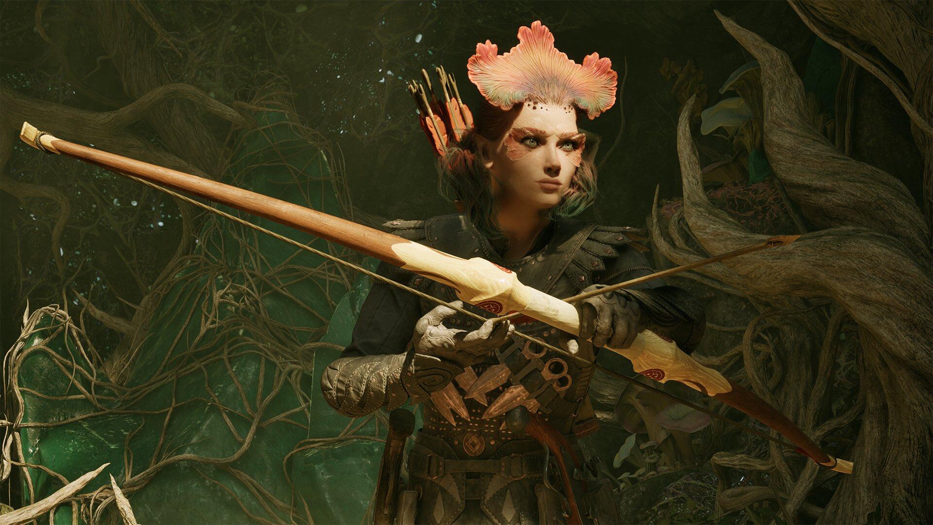 An archer from the game Avowed stands poised, with a distinctive bow and surrounded by eerie, tangled foliage, creating a captivating HD PC desktop wallpaper.