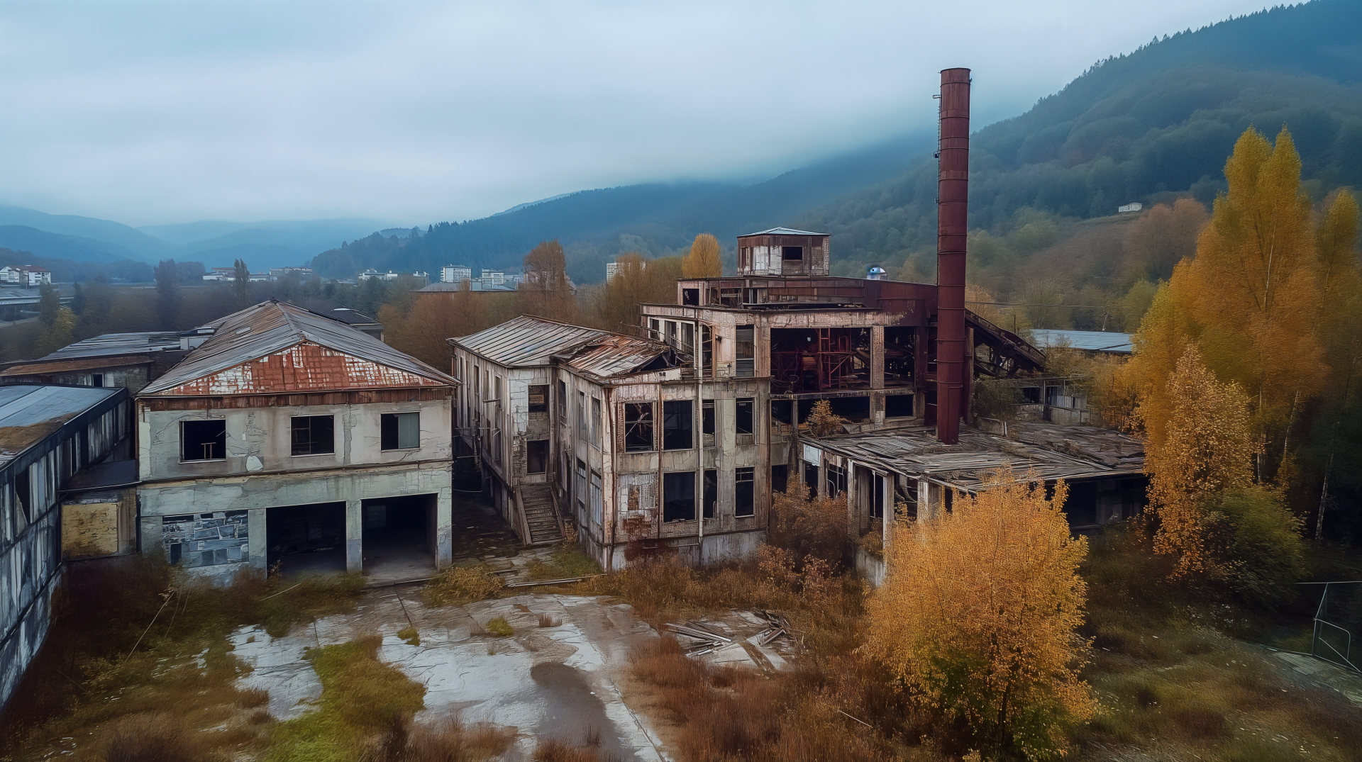 An abandoned factory surrounded by overgrown vegetation and autumn foliage, set against a misty mountainous backdrop. A captivating 4K Ultra HD wallpaper for desktop backgrounds.