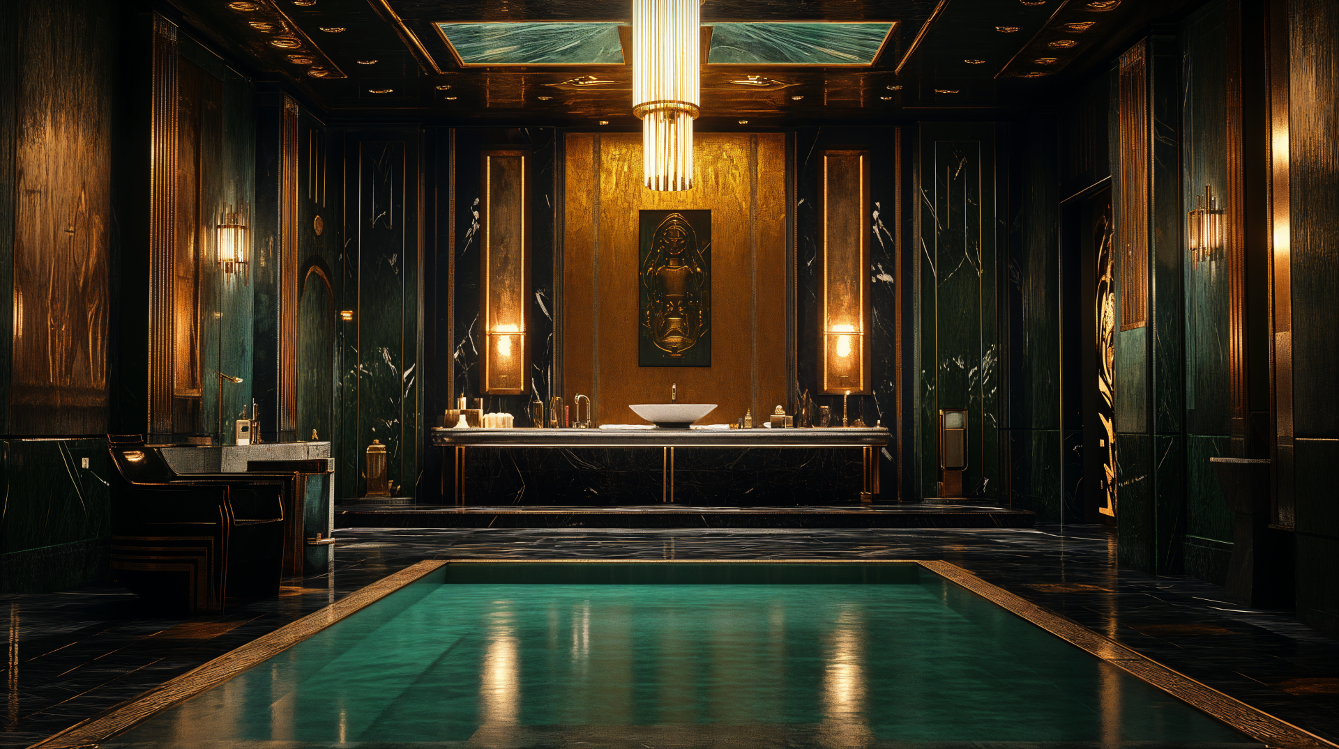 Luxurious Art Deco room featuring a serene pool, elegant lighting, and rich green walls, presented as a stunning 4K Ultra HD desktop wallpaper and background.