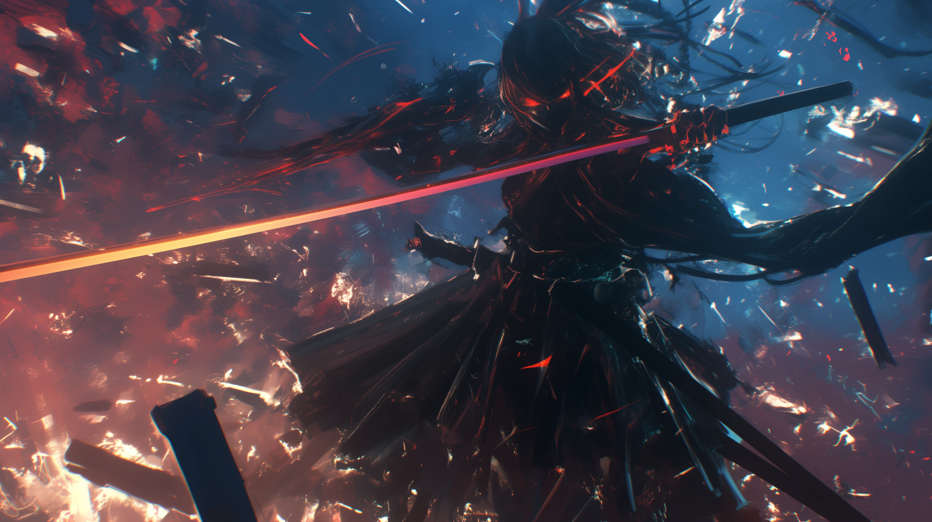 A dynamic silhouette of a samurai girl wielding a sword, set against a vibrant background of colors and sparks, creating an intense and striking anime-themed HD wallpaper.