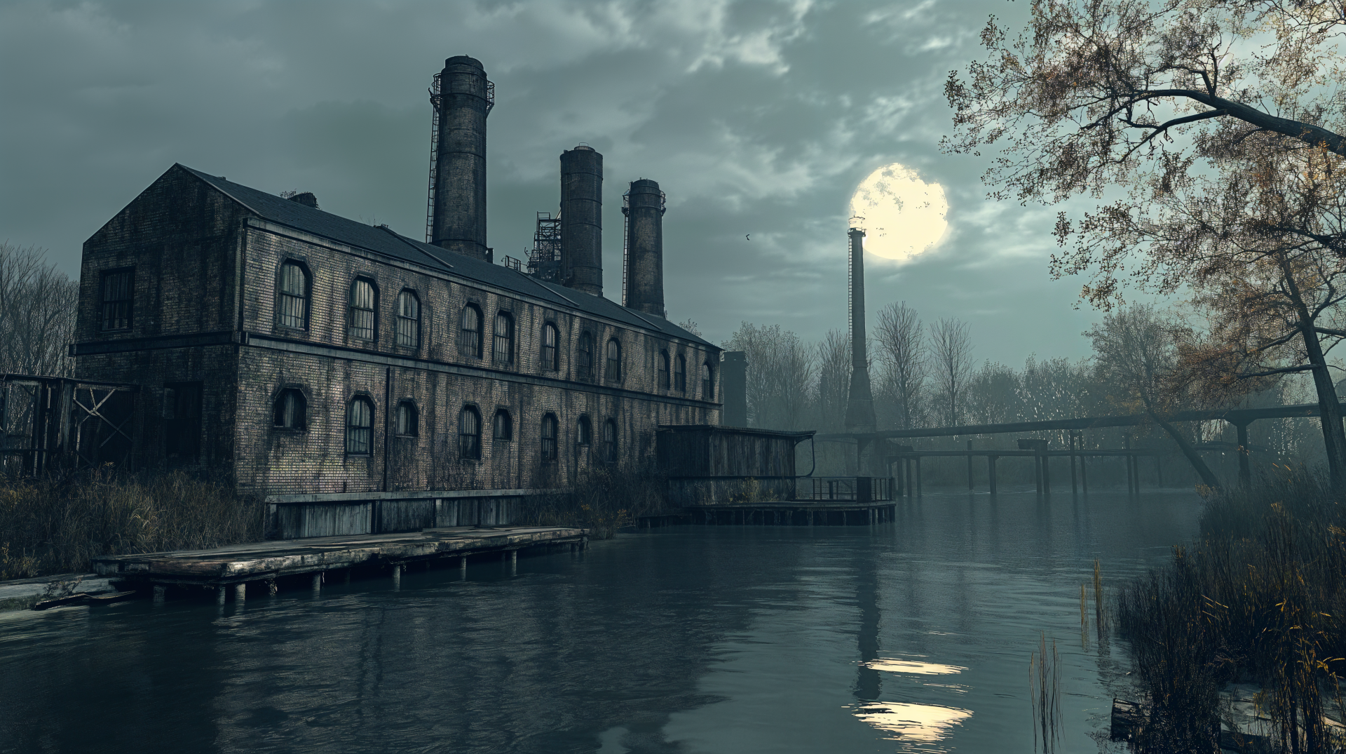 An abandoned factory stands by a tranquil body of water under a moody sky, with smokestacks and a glowing moon reflecting on the surface—a striking 4K Ultra HD wallpaper.