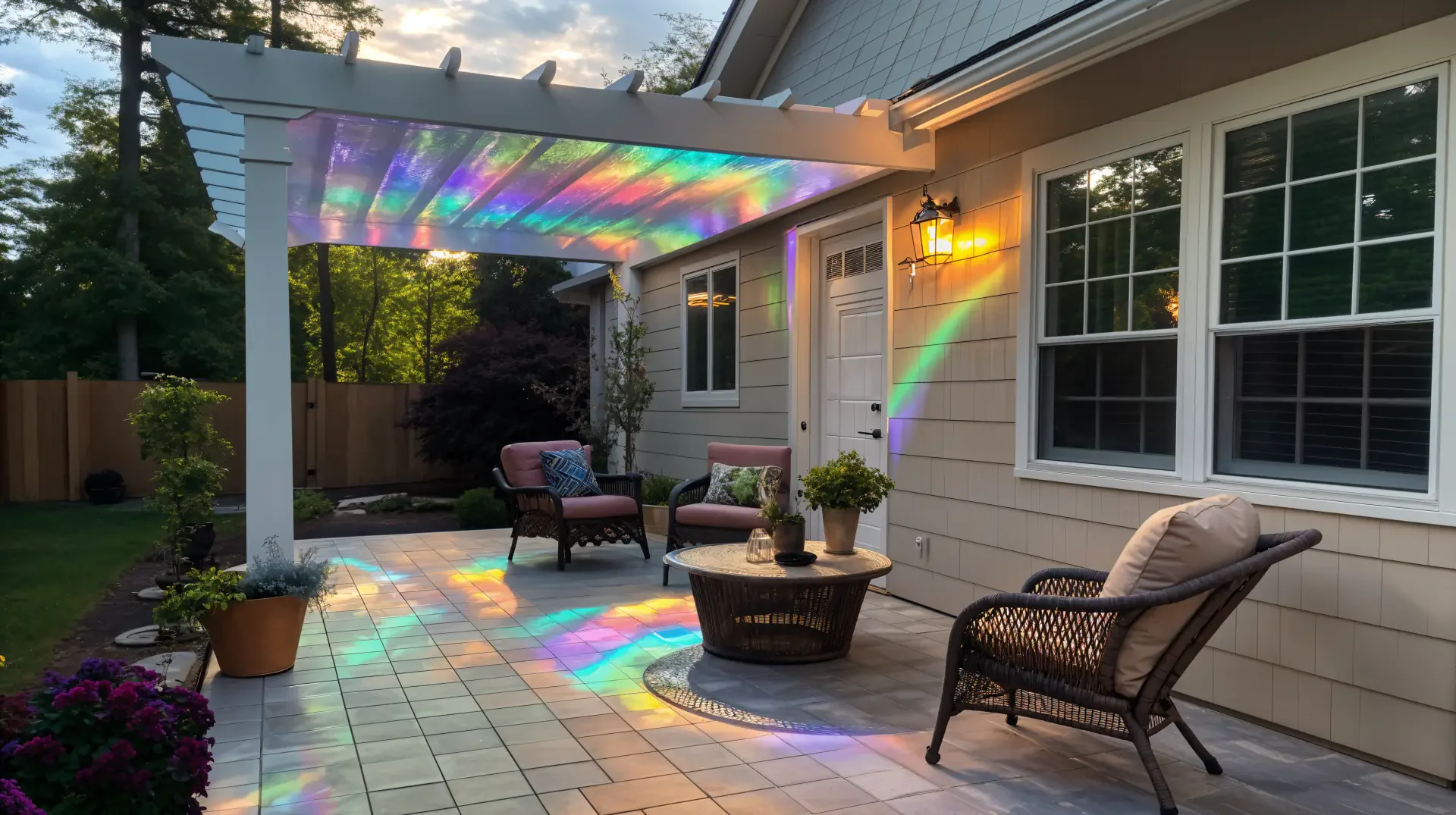 A serene patio scene featuring a cozy seating area, colorful reflections from the overhead pergola, and soft lighting, capturing a tranquil outdoor atmosphere in 4K Ultra HD.