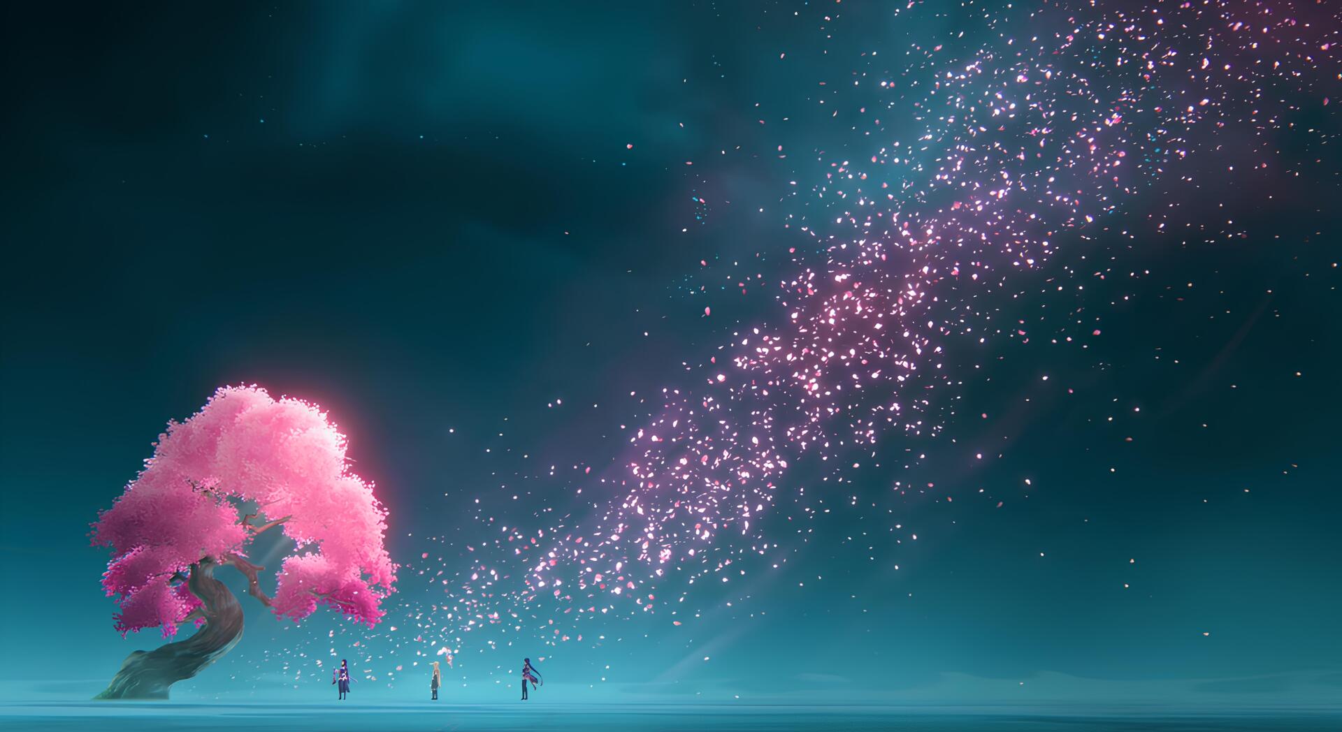 4K Ultra HD wallpaper featuring Ei from Genshin Impact standing beneath a glowing sakura tree in Inazuma, with sparkling petals drifting through a teal night sky.