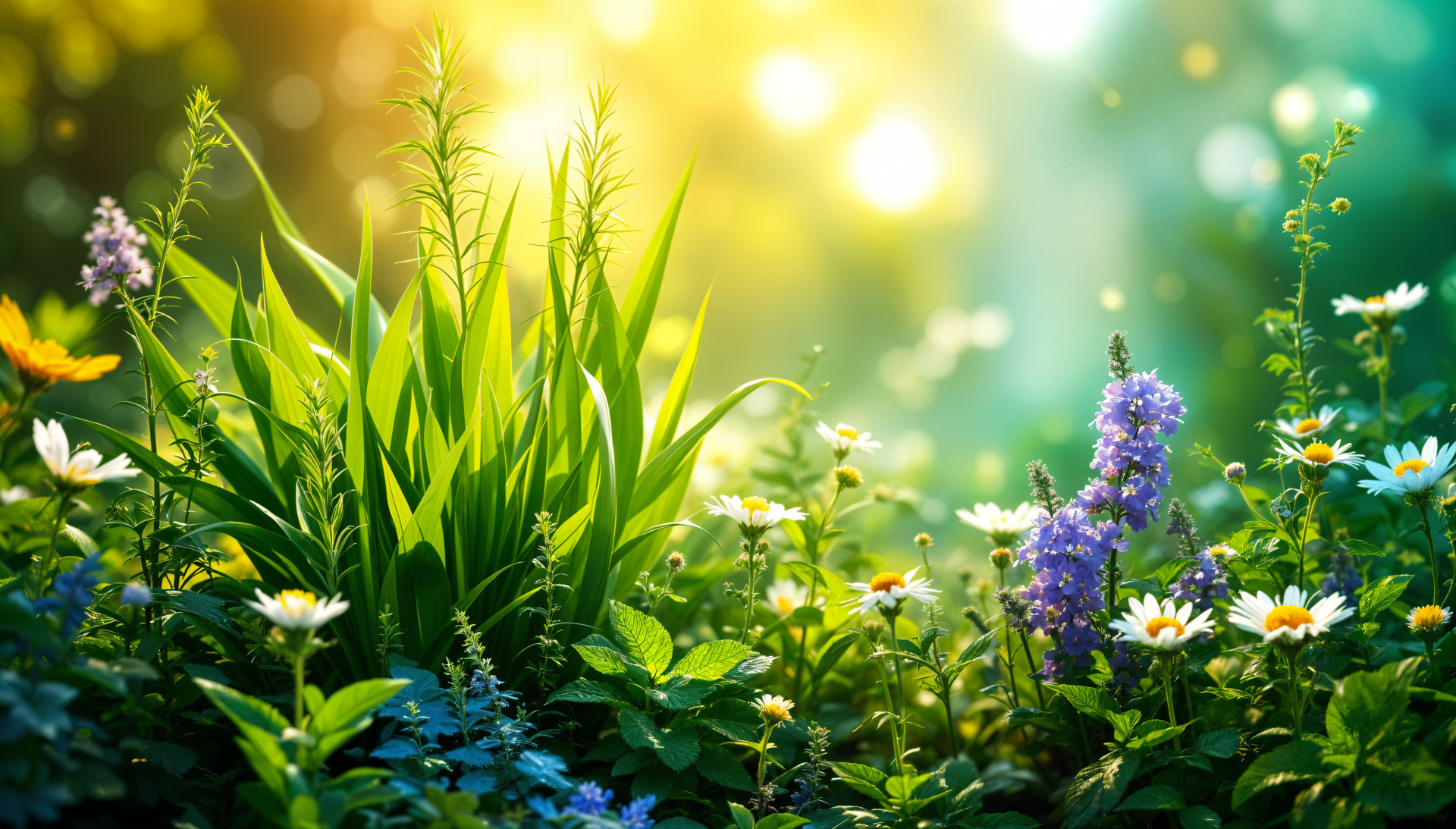 A vibrant herb garden in full bloom, featuring lush green plants and colorful flowers, illuminated by warm sunlight, designed as a stunning 4K Ultra HD desktop wallpaper.