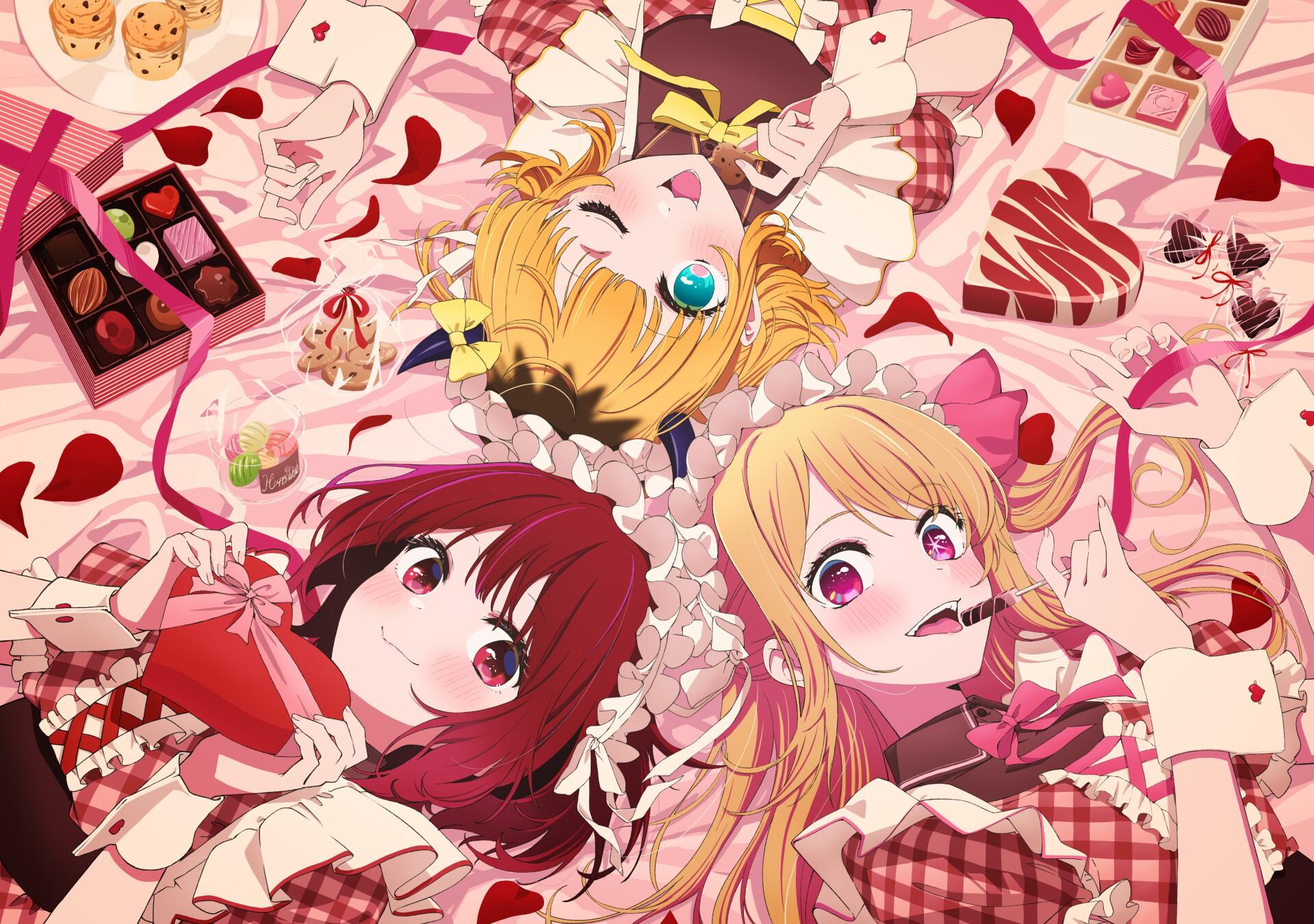 Anime-style 4K Ultra HD desktop wallpaper featuring Ruby Hoshino, Mem-Cho, and Kana Arima from Oshi no Ko surrounded by sweets and heart-themed decorations.