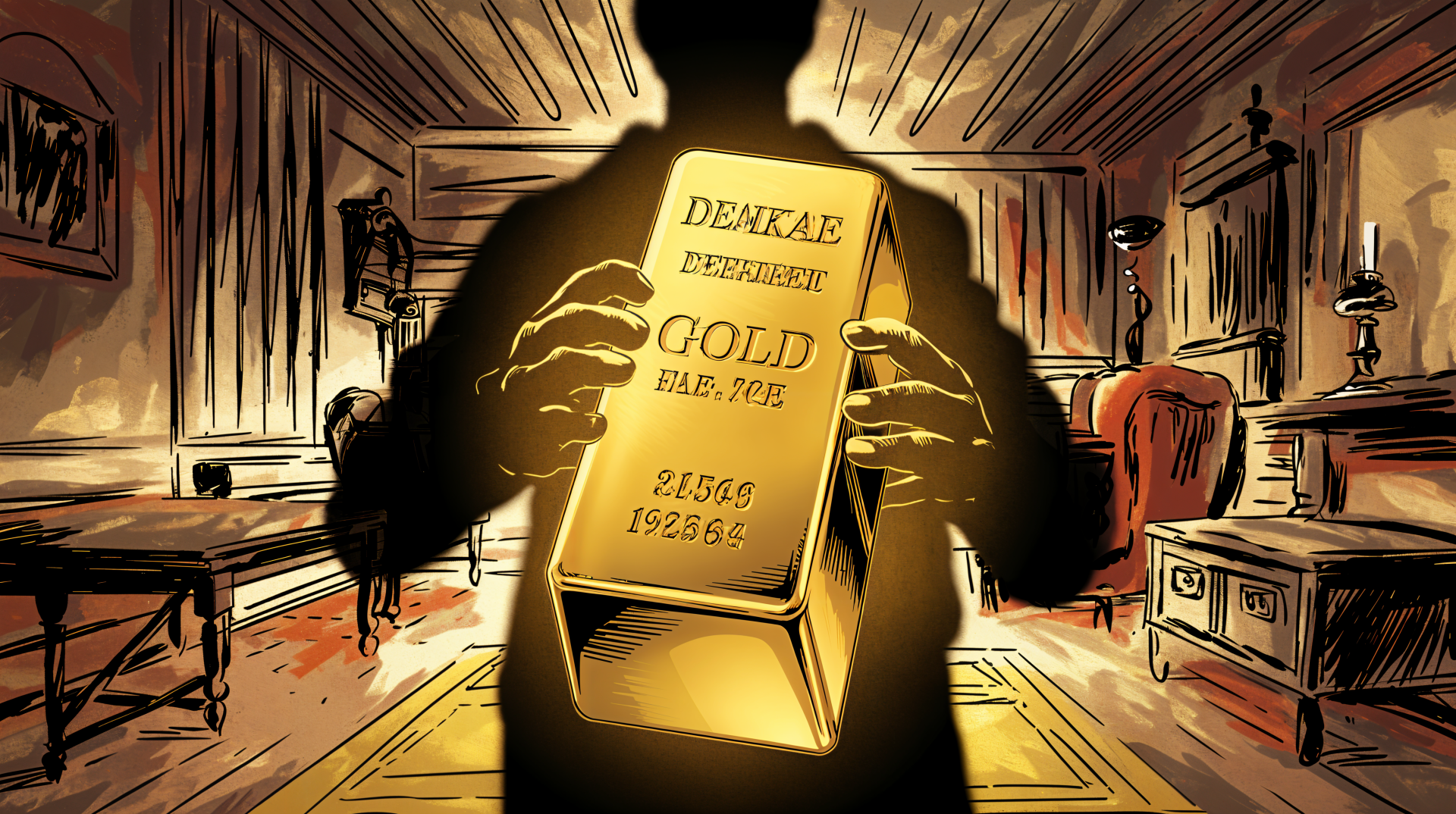 A shadowy figure holds a shimmering gold bar, illuminating a dimly lit room with rich textures. This 4K Ultra HD wallpaper showcases the allure of wealth and mystery.