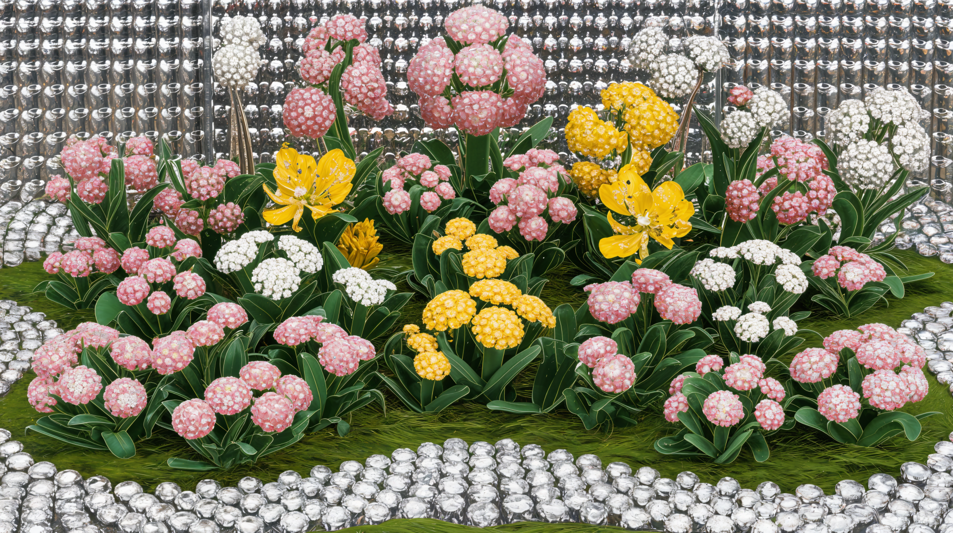 Vibrant flower bed featuring pink, yellow, and white blooms, set against a shimmering silver backdrop. A stunning 4K Ultra HD wallpaper for your desktop.