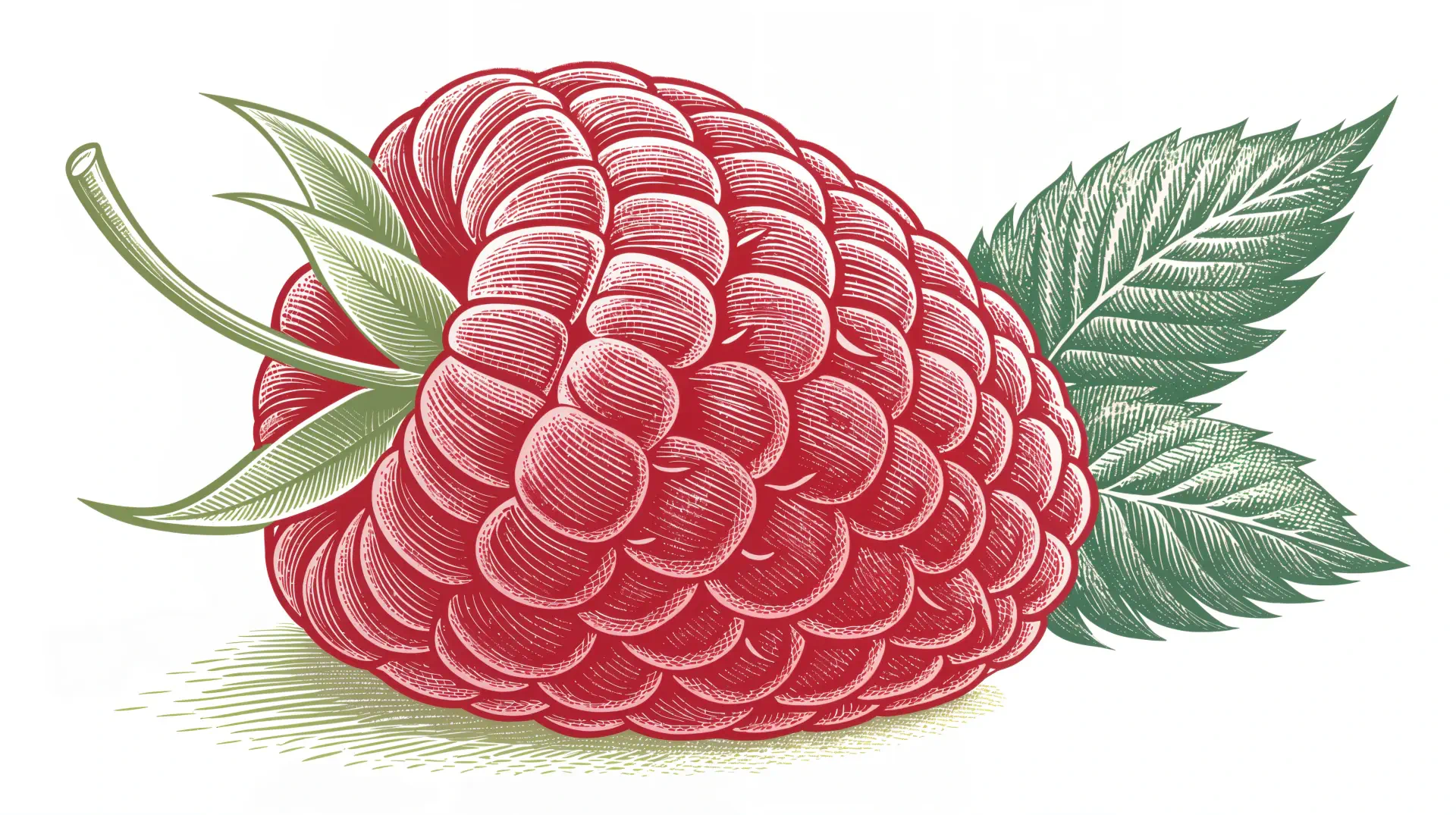 A detailed illustration of a ripe raspberry with lush green leaves, designed as a vibrant 4K Ultra HD PC desktop wallpaper and background.