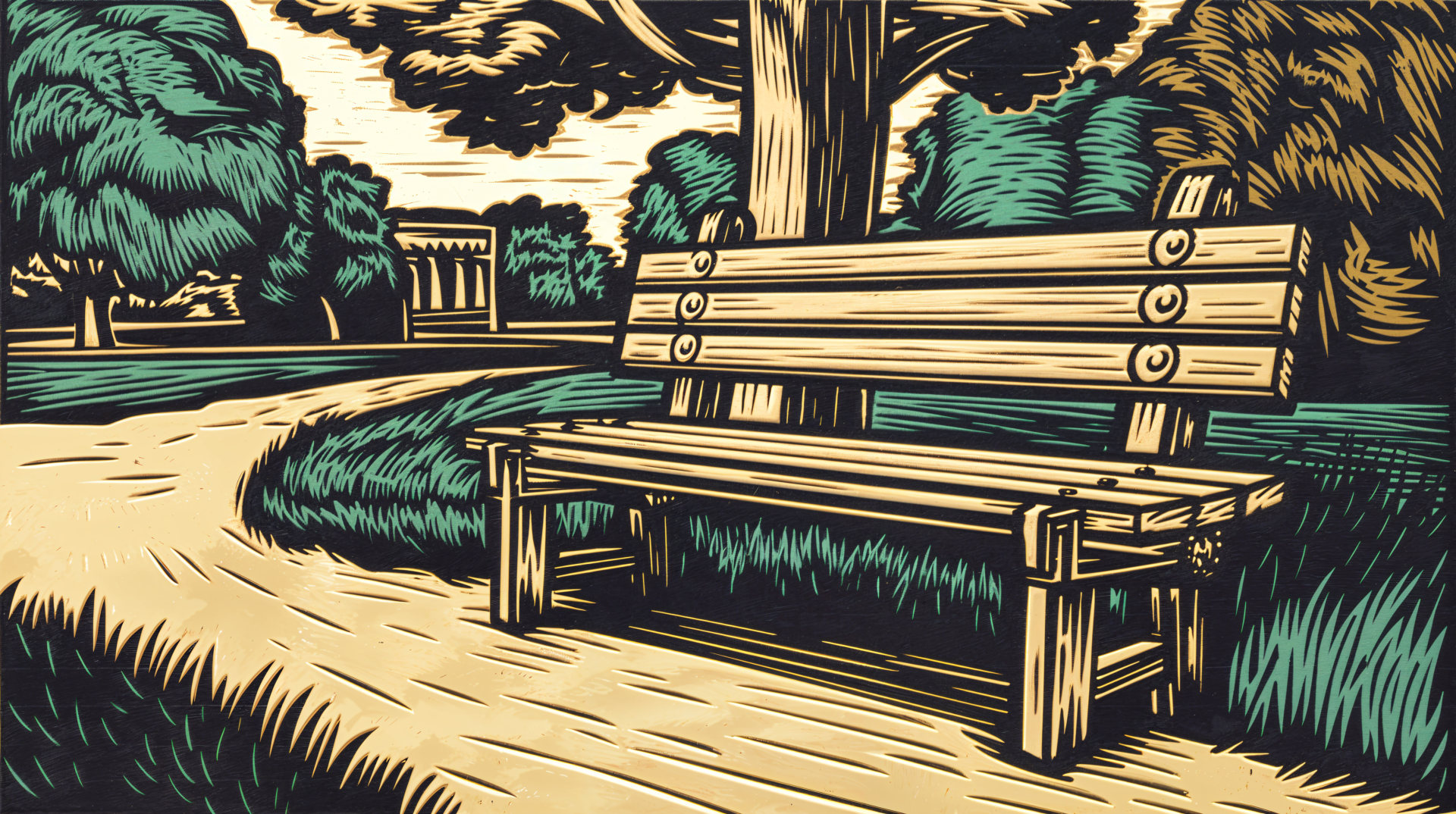 A wooden bench sits along a winding path, surrounded by lush greenery and trees, under a serene sky, captured in a vibrant, artistic style for a 4K Ultra HD desktop wallpaper.