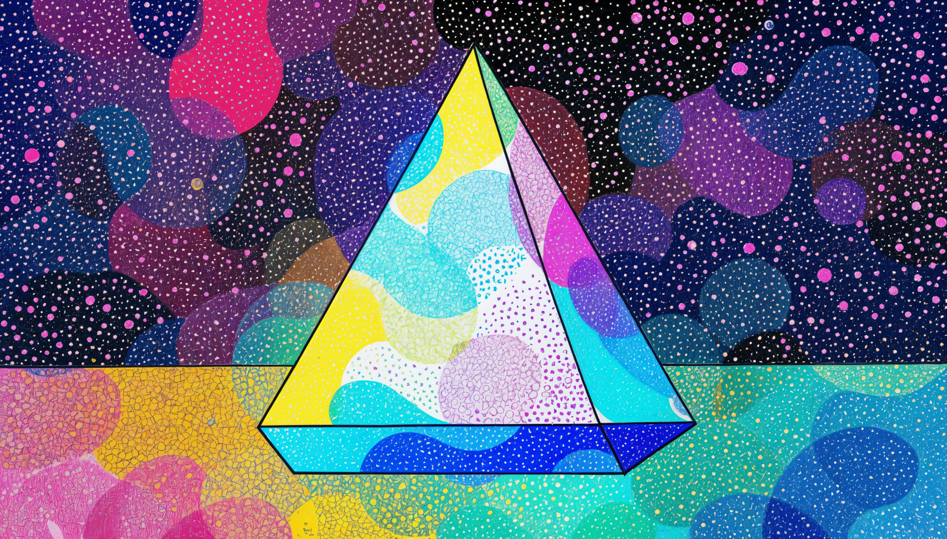 A colorful, geometric prism shaped like a pyramid against an abstract, starry background, designed as a vibrant 4K Ultra HD PC desktop wallpaper.