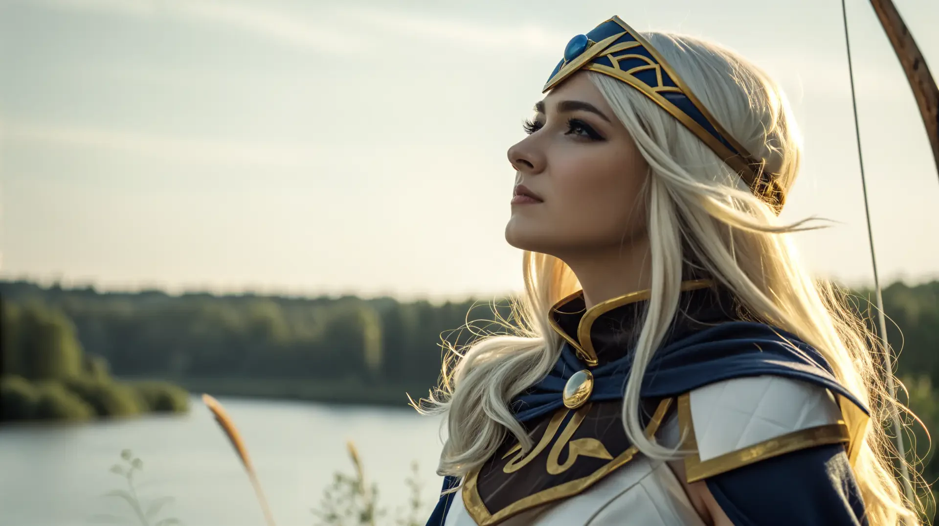 A stunning 4K Ultra HD wallpaper featuring Ashe from League of Legends, showcasing her majestic profile against a serene riverside backdrop and a clear sky.