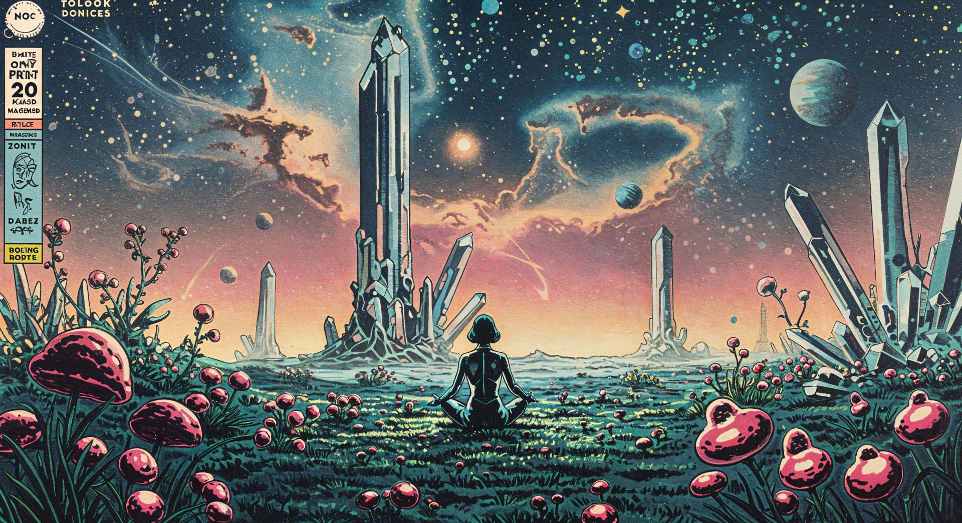 A serene scene of mindfulness featuring a figure meditating in a vibrant alien landscape, surrounded by towering crystals, colorful mushrooms, and a starry sky, presented as a 4K Ultra HD wallpaper.