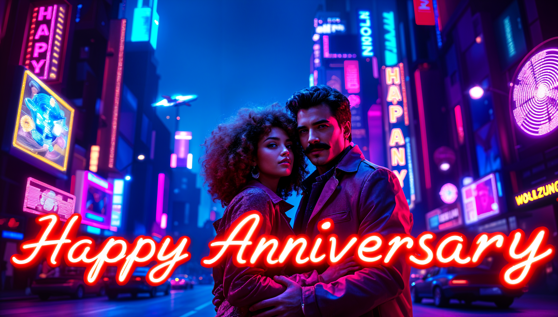 A stunning 4K Ultra HD wallpaper features a couple embracing in a neon-lit cityscape, with vibrant colors and Happy Anniversary in glowing text.