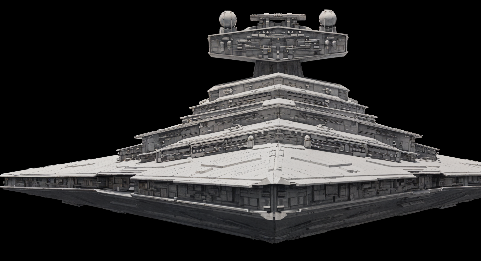 A detailed 4K Ultra HD image of a Star Destroyer against a black background, showcasing its iconic angular design and impressive features.