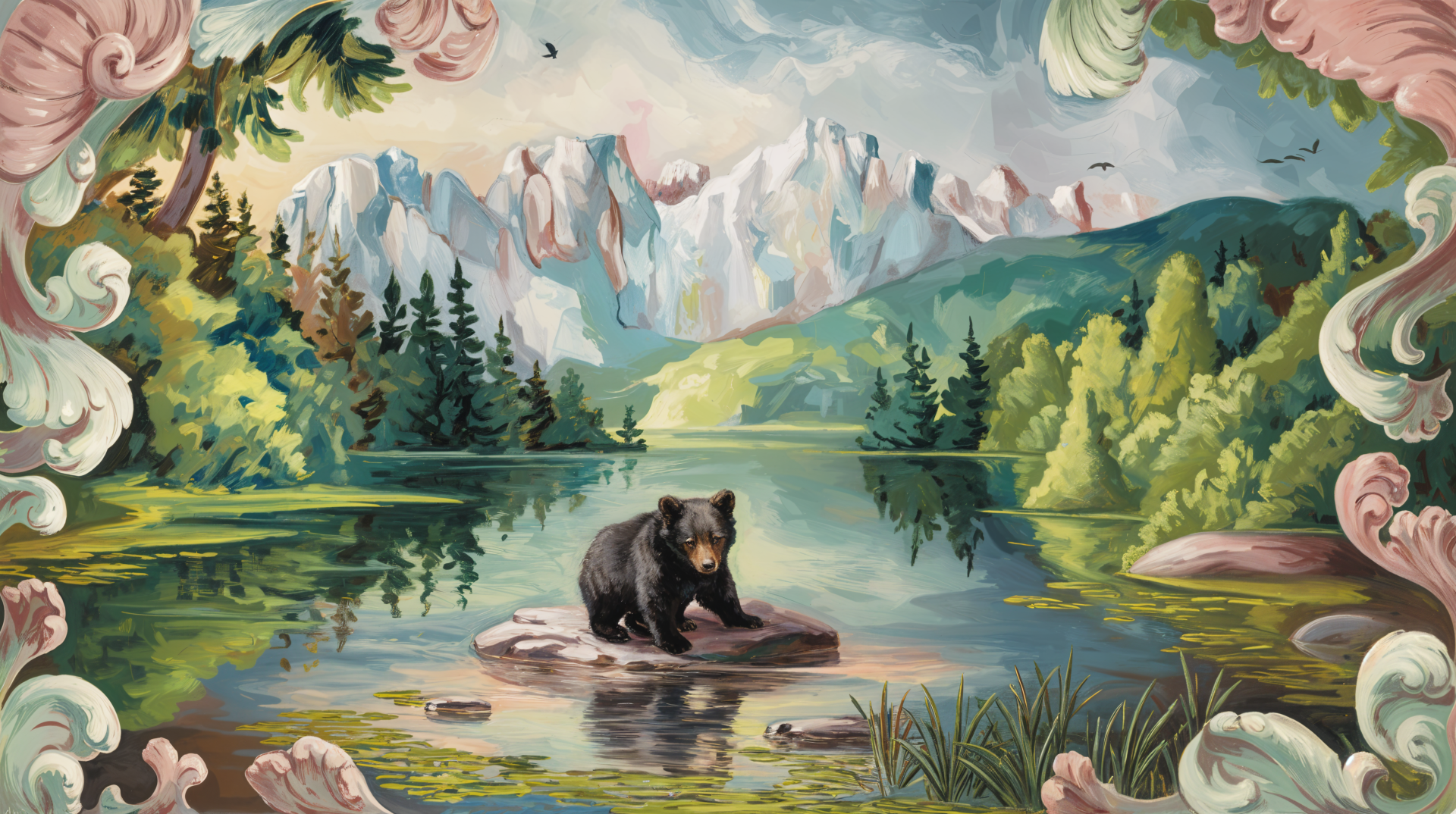 A black bear rests on a rock in a serene lake surrounded by lush trees and majestic mountains, captured in vibrant colors as a 4K Ultra HD desktop wallpaper.