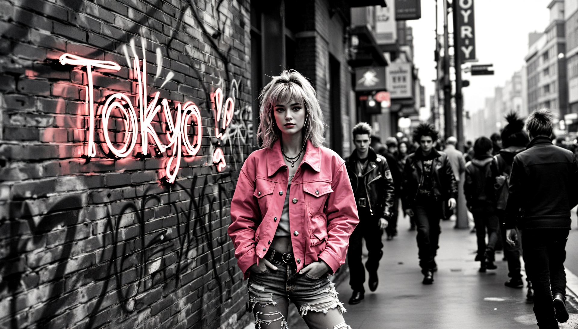 A street photography scene in Tokyo featuring a woman in a pink jacket, standing against a brick wall with graffiti, contrasted by bustling pedestrians. 4K Ultra HD resolution backdrop.