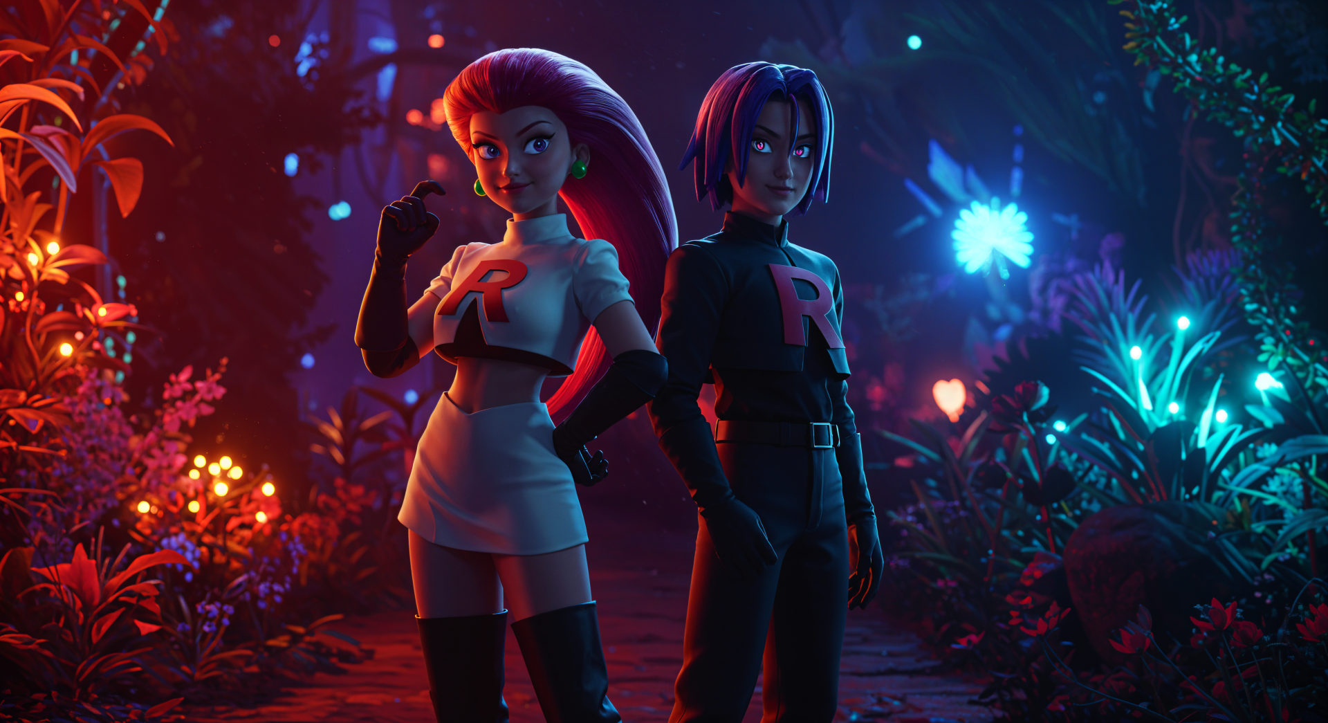 A vibrant 4K Ultra HD desktop wallpaper featuring Team Rocket, showcasing characters in a mystical environment illuminated by colorful lights.