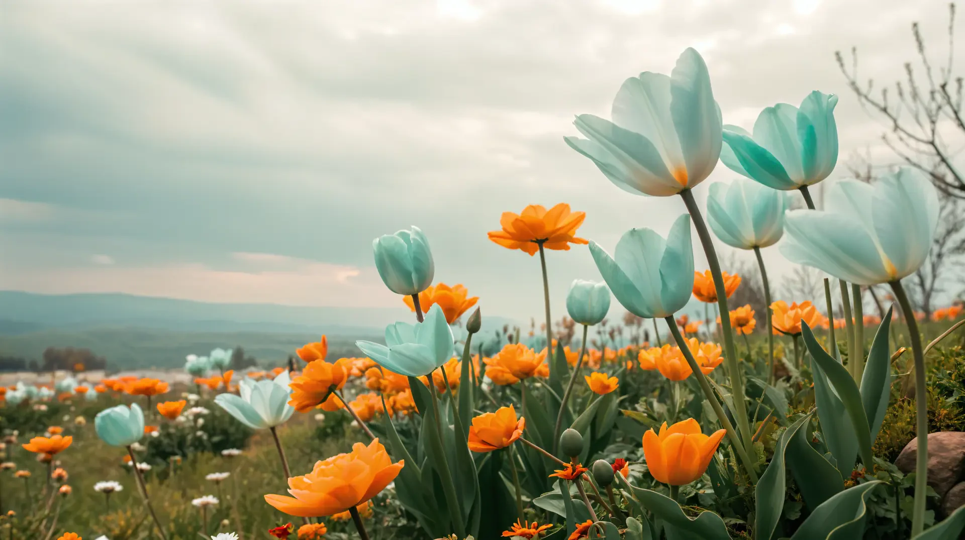 A vibrant display of spring flowers, featuring orange blooms and soft blue tulips against a serene landscape, captured in stunning 4K Ultra HD for a captivating desktop wallpaper.