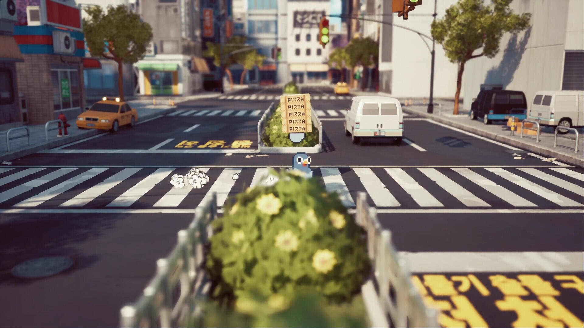 A vibrant HD wallpaper featuring a bustling city street from the video game GuGu Pizza: Delivering Pizza to the Space Station, highlighting playful urban elements.