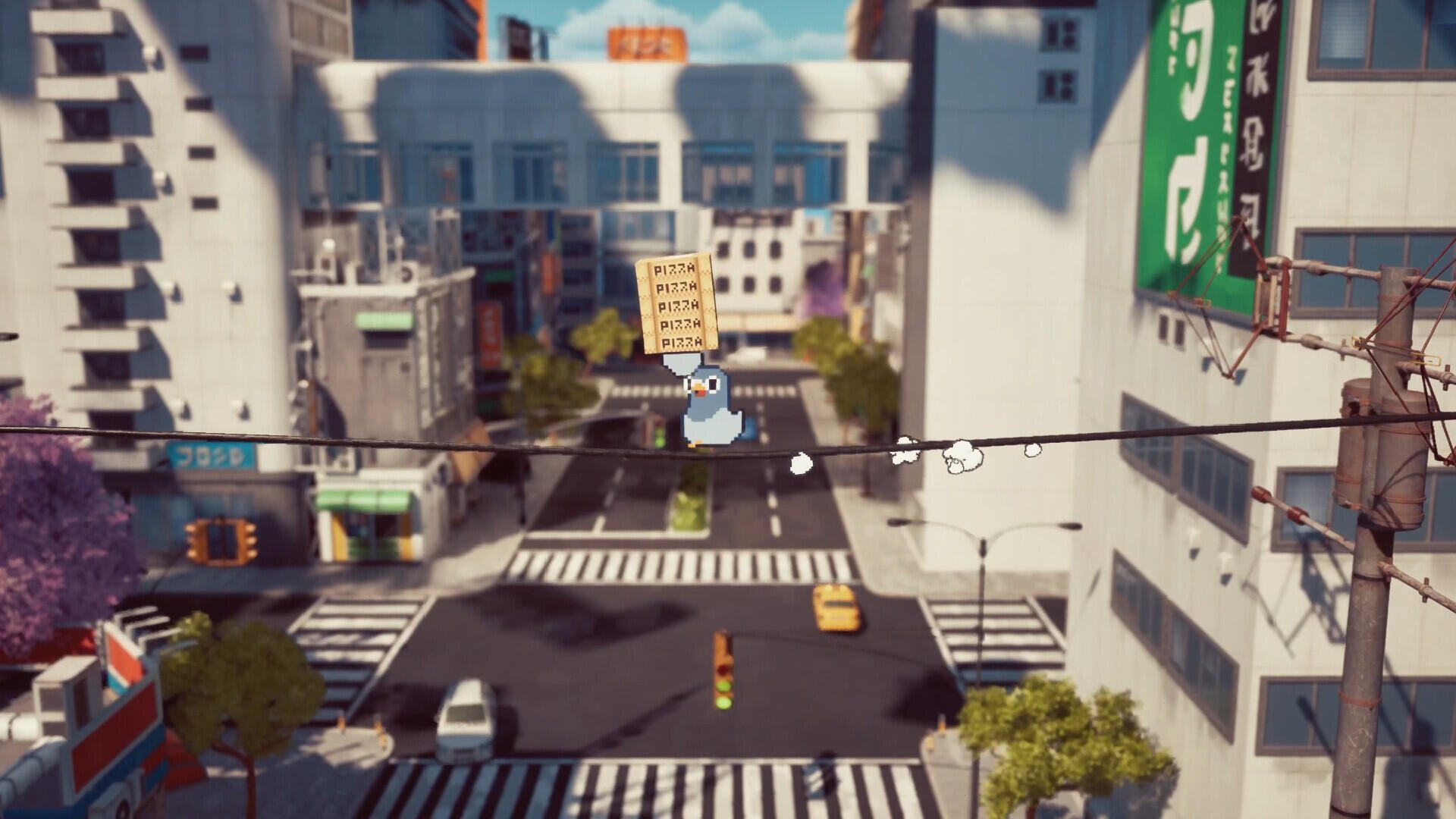 A whimsical HD wallpaper featuring a quirky character delivering pizza in a bustling city, showcasing the playful theme of GuGu Pizza: Delivering Pizza to the Space Station.