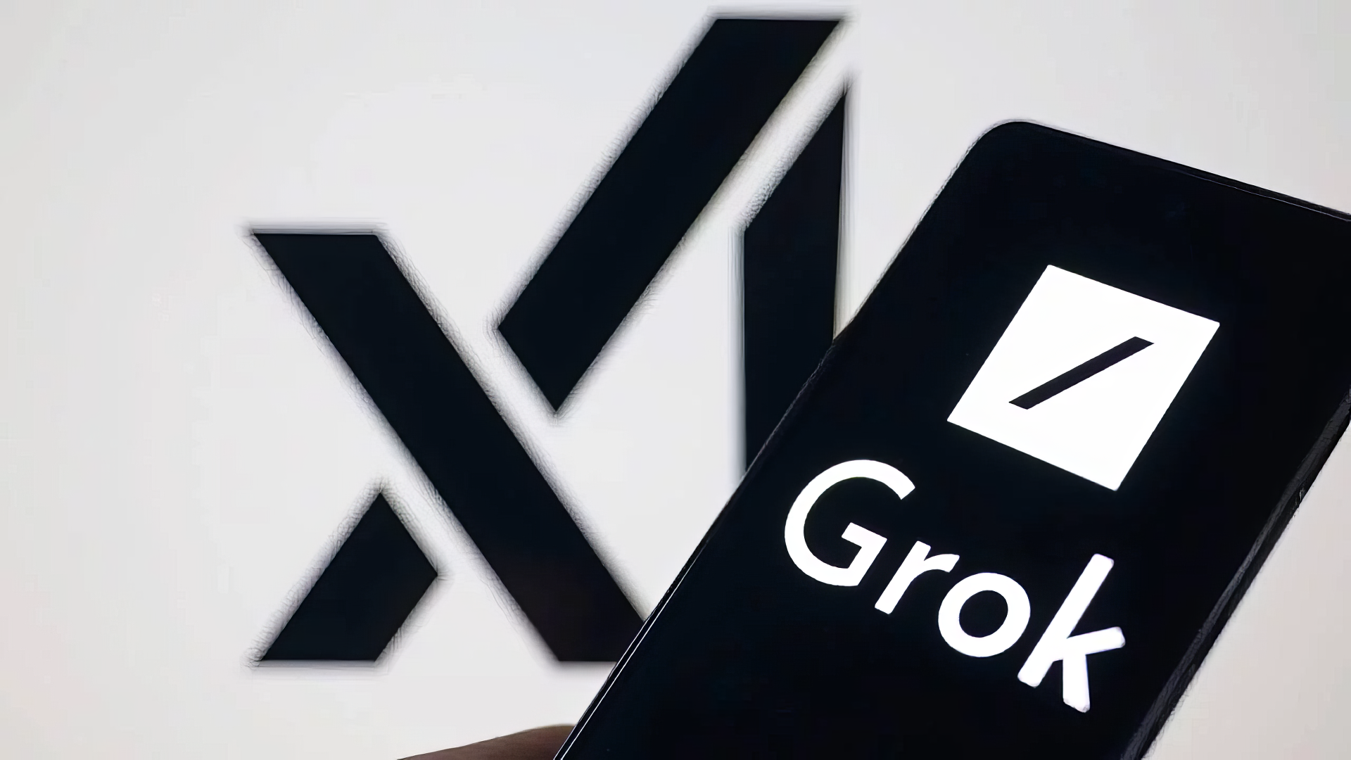 A close-up of a smartphone displaying the Grok logo, with a stylized black and white background featuring an abstract design. The image serves as a sleek HD desktop wallpaper.