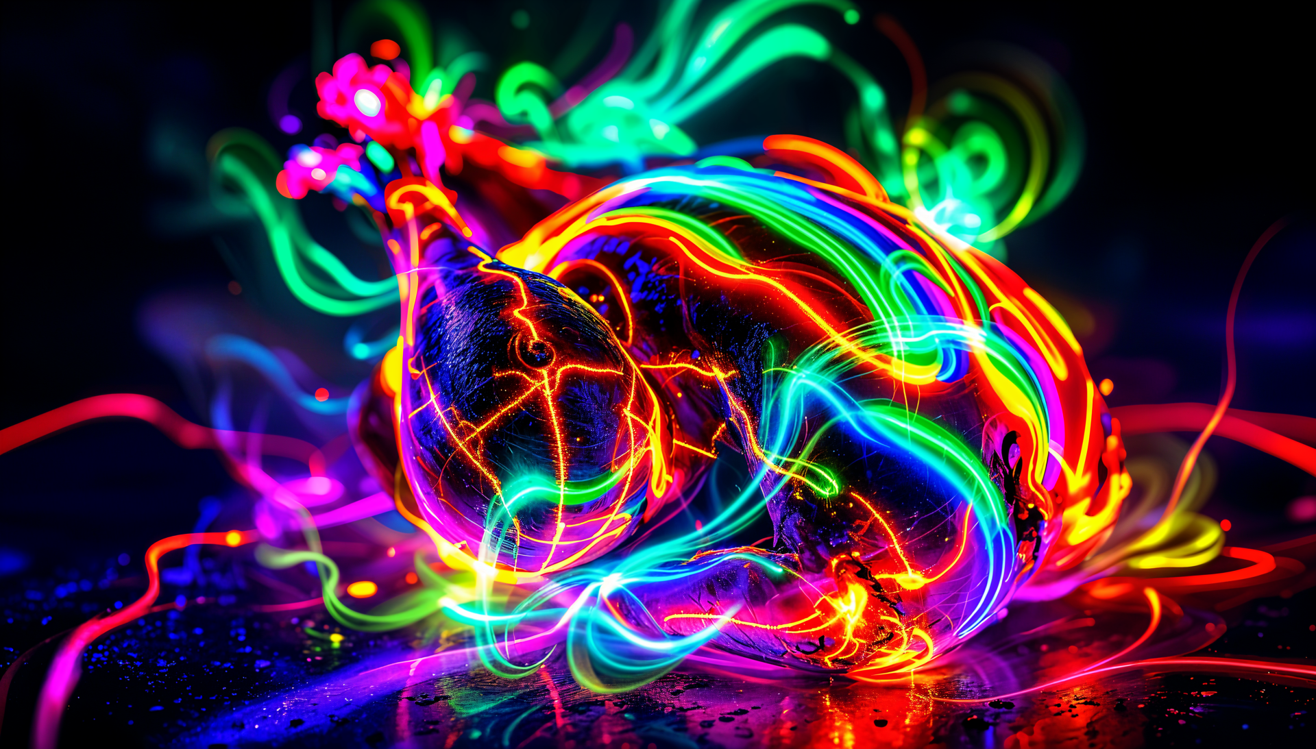 A vibrant, colorful roast illuminated with swirling neon lights, showcased as a stunning 4K Ultra HD PC desktop wallpaper and background.