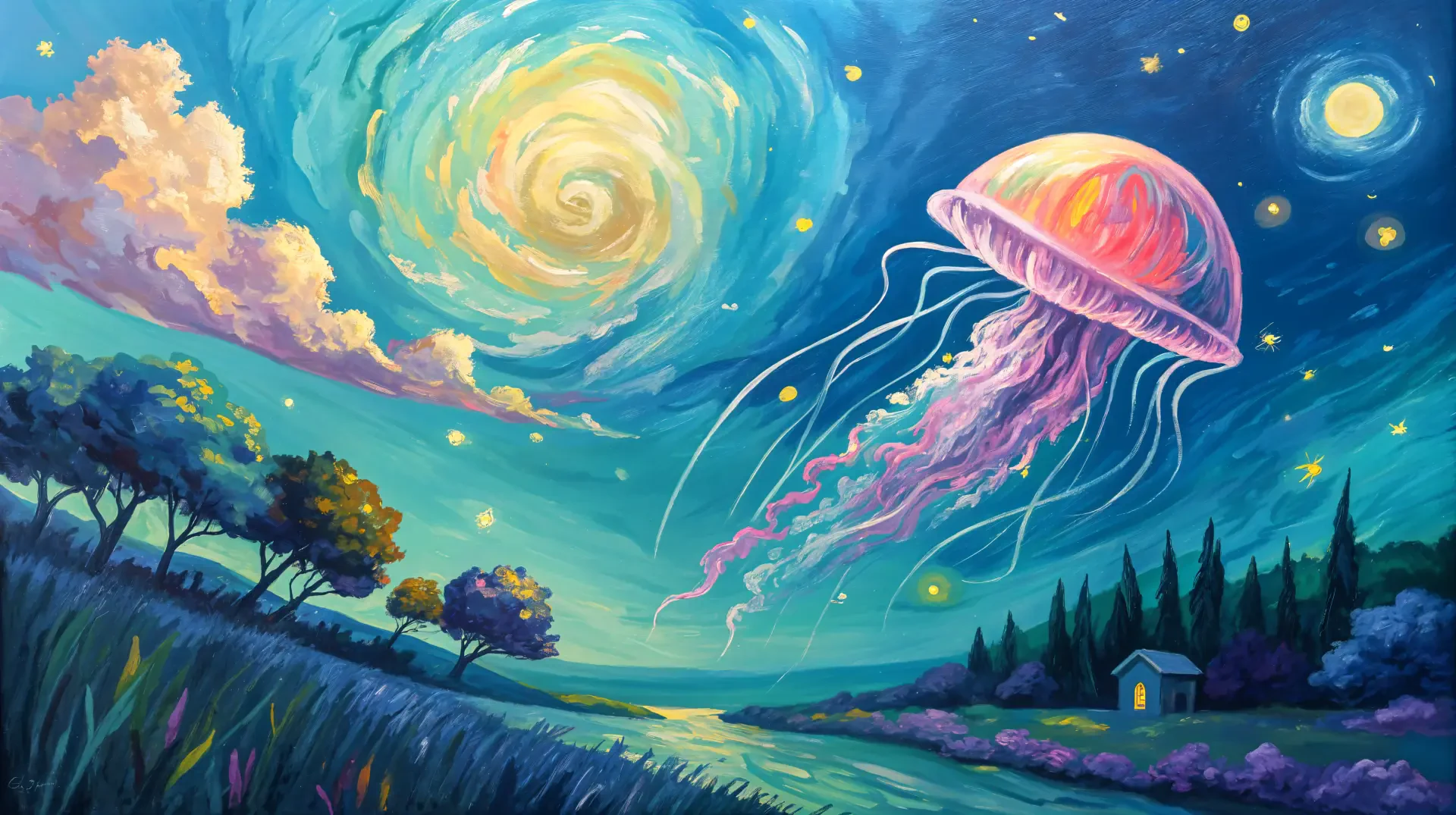 A vibrant 4K Ultra HD wallpaper depicting a dreamy landscape with a swirling sky, colorful jellyfish, and serene waters, complemented by lush trees and a quaint house.