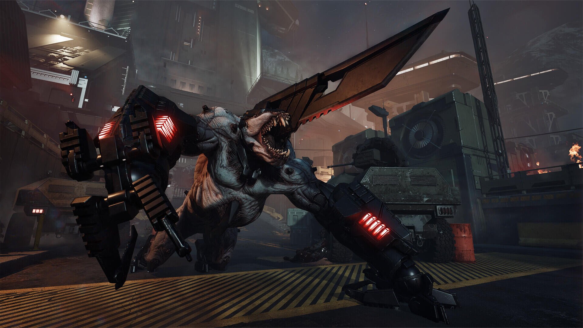 Dark, intense scene from Killing Floor 3 showing a menacing, robotic creature in an industrial environment, designed as an HD PC desktop wallpaper and background.