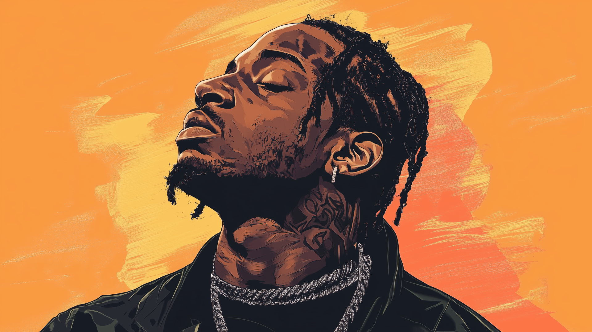 HD desktop wallpaper featuring a stylized portrait of rapper Travis Scott against a vibrant yellow and orange background.