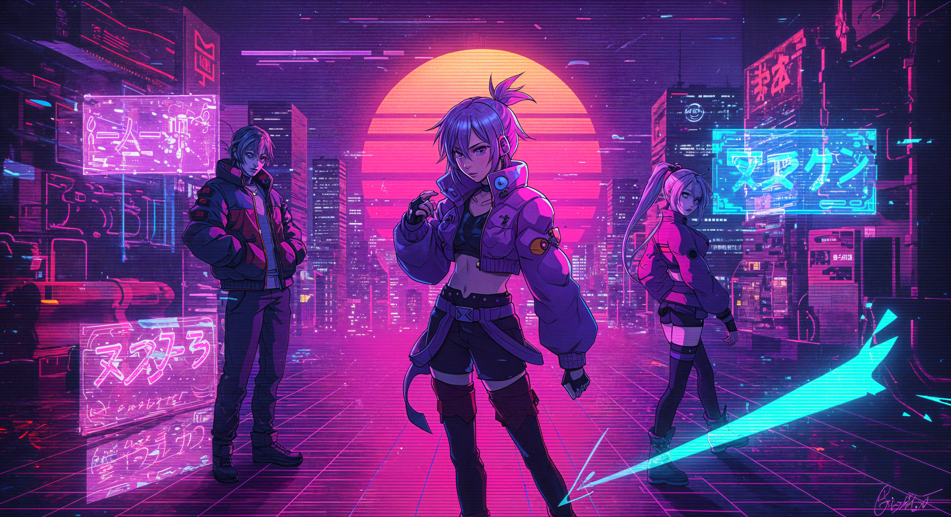 A vibrant sci-fi anime scene featuring three characters against a futuristic city backdrop, illuminated by neon lights and a large sunset, captured in stunning 4K Ultra HD.